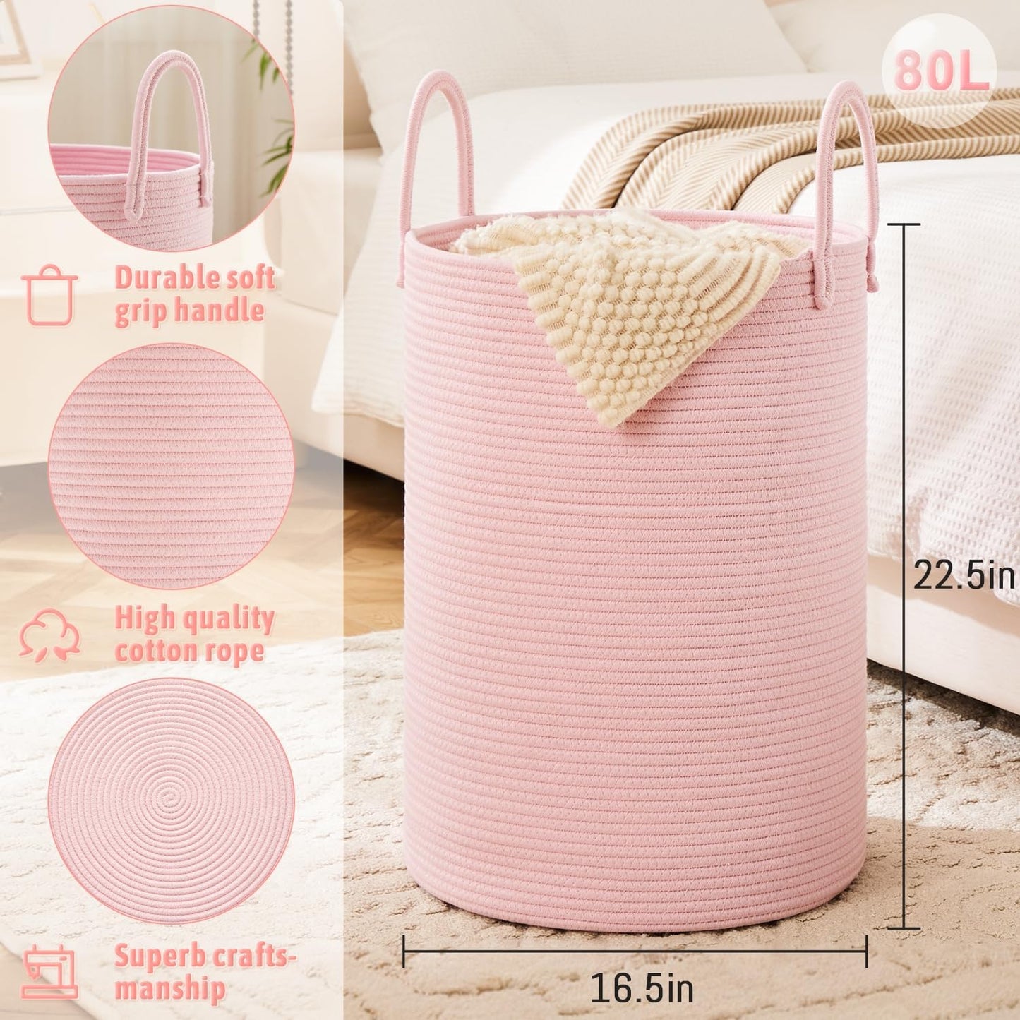 Laundry Basket,Woven Cotton Rope Laundry Hamper,80L for Decorative Storage of Dirty Clothes,Toys and Blankets in Bathroom,Baby Room and Living Room