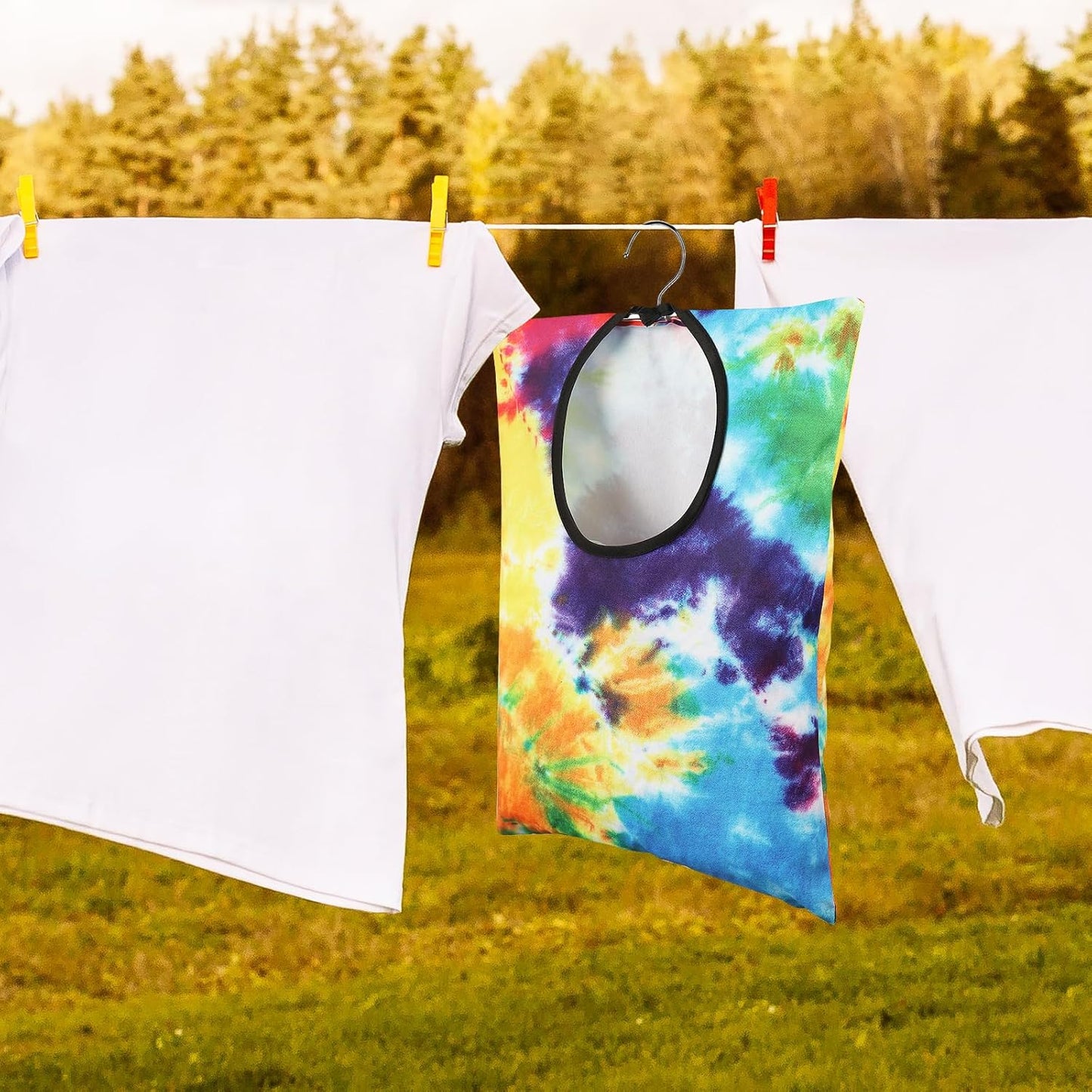 YLOLUL 2 Pcs Tie Dye Clothes Pin Bag with Hanging Hook, 15 x 11 Inch, Multicolor, Canvas & Polyester, Water Resistant, Clothespin Organizer Bag