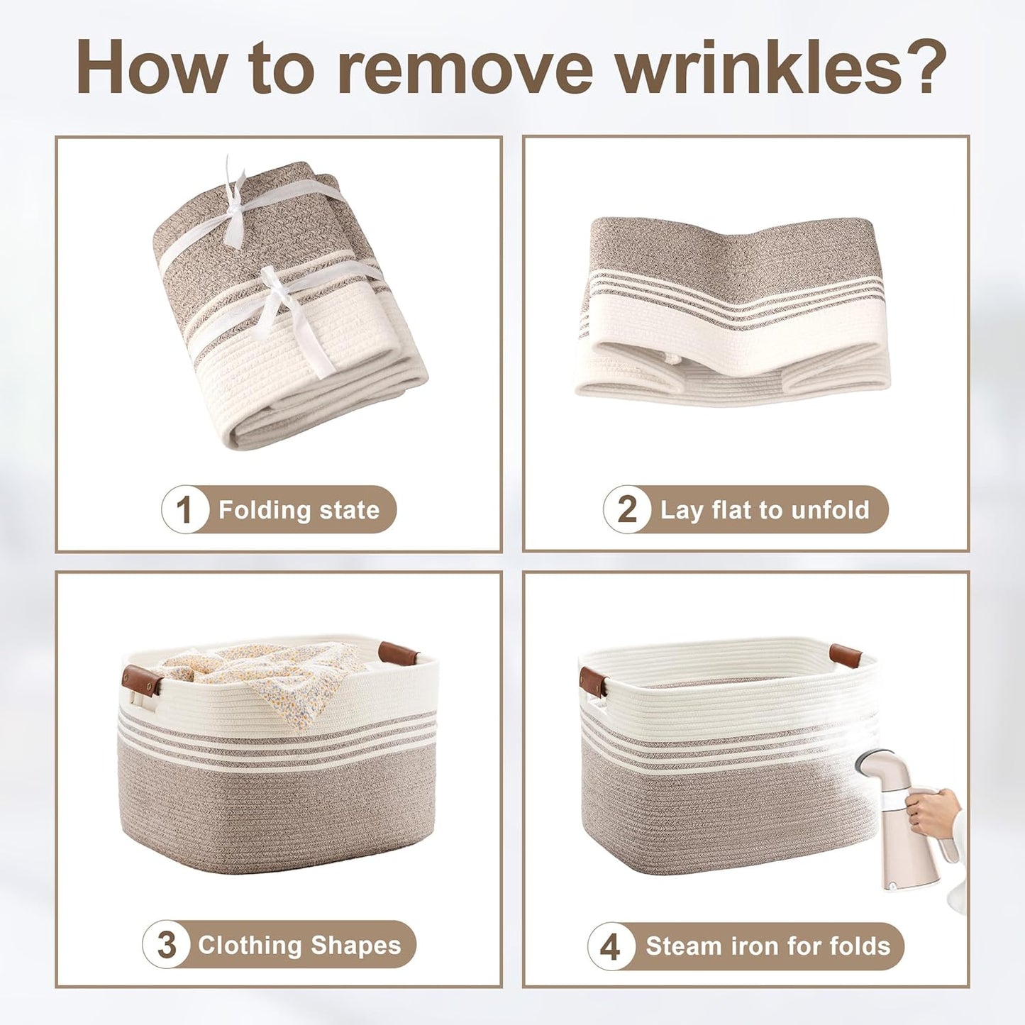 45L Small Laundry Basket with Leather Handles for Living Room Storage, Woven Rope Baskets Bin for Blanket, Kids Toy, Gifts, Wicker Hamper for Bedroom Dirty Clothes, 18"x14"x11" White Brown