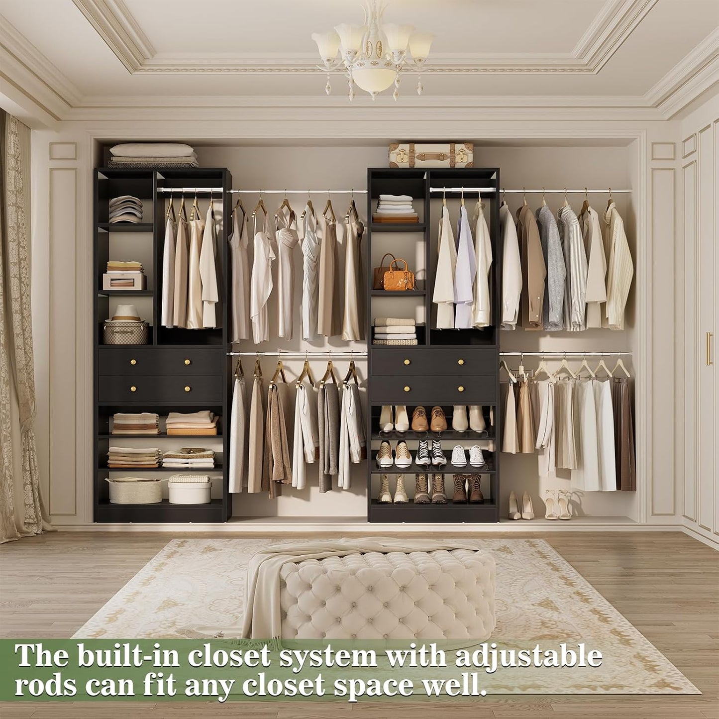 Closet System, Up to 134"/11.2 FT Closet Organizer with 4 Wooden Drawers and Shelves, Walk-in Closet System with 6 Hanging Rods, Built-in Closet Can Fit 96"/8FT, 120"/10FT, Black