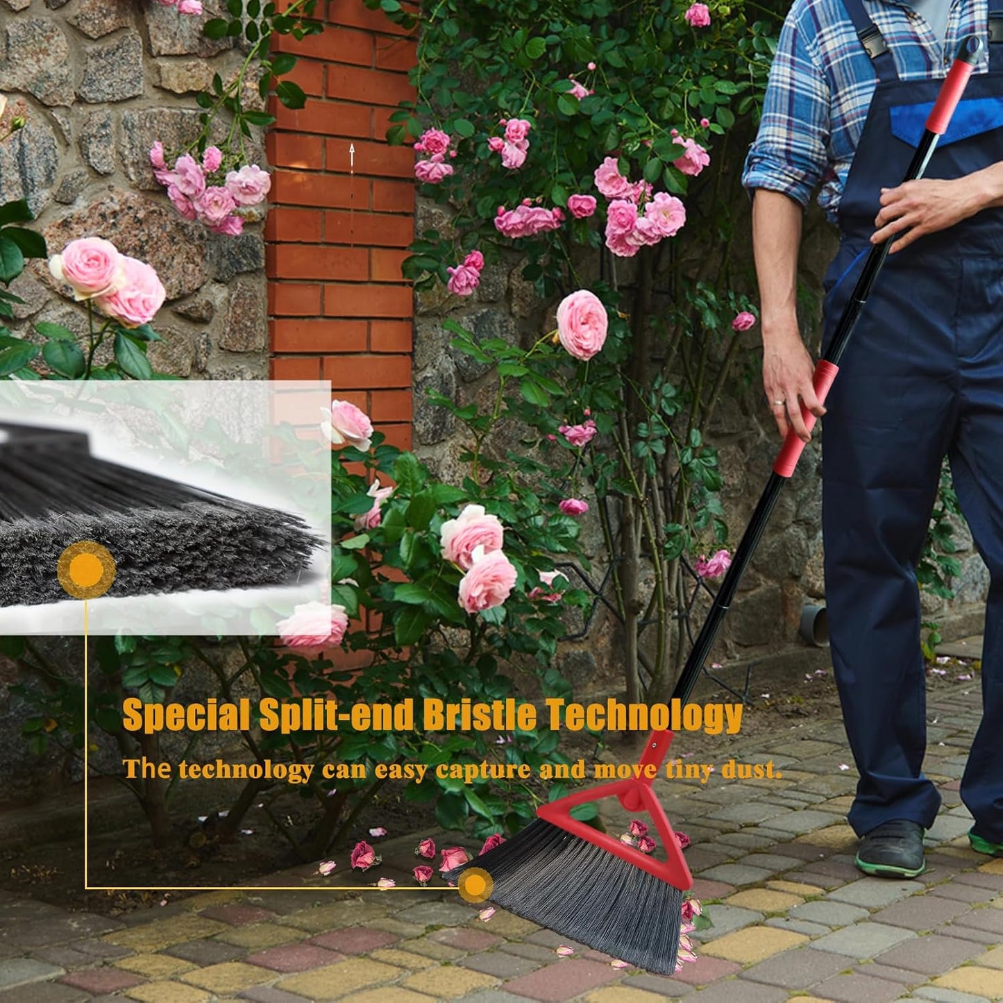 Heavy Duty Angle Broom, 3 Pack Longer Commercial Brooms, Swipe Brooms for Sweeping Indoor Outdoor, Perfect Red Broom of Kitchen, Garage, House, Restaurant