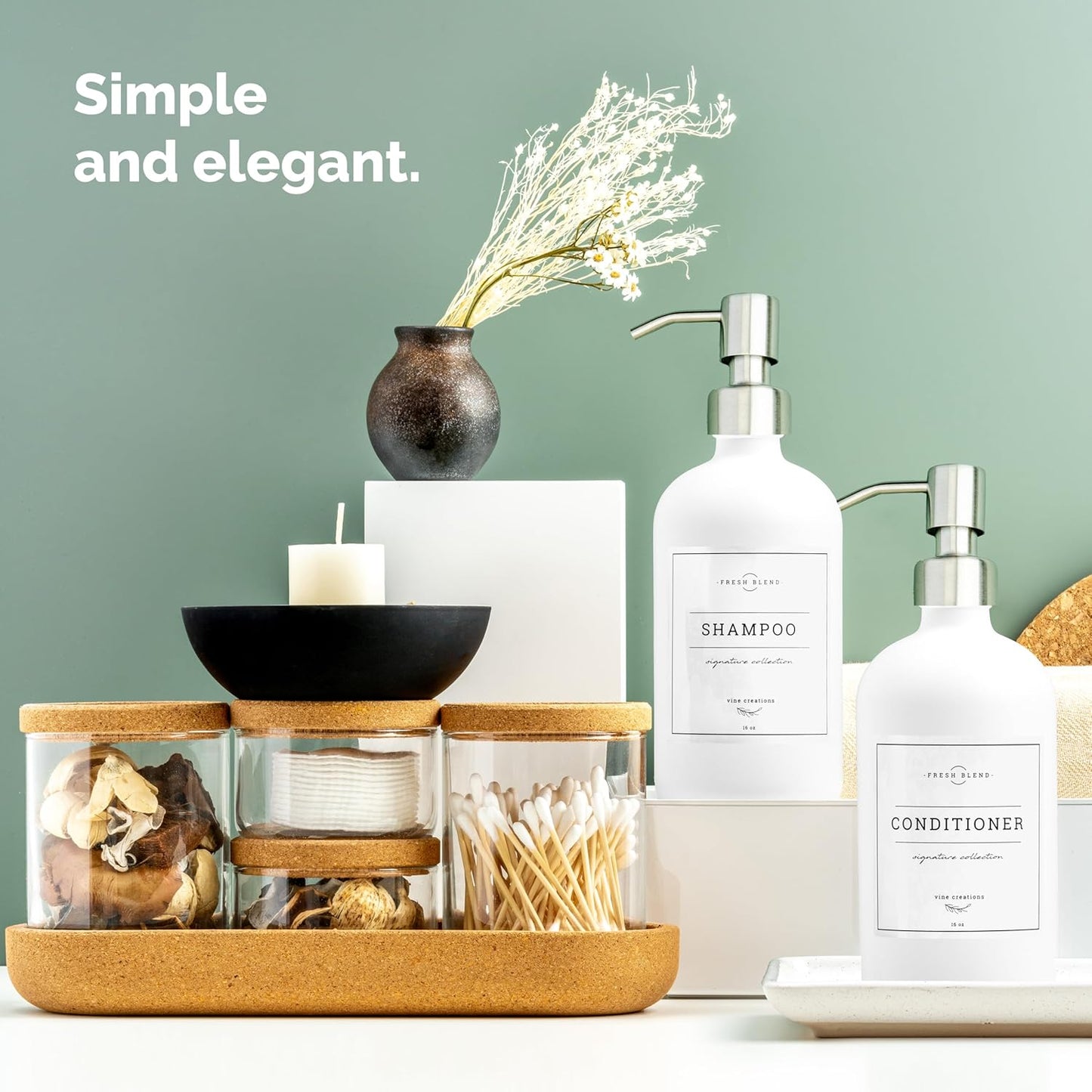 Vine Creations Glass Soap Dispenser, 2 Pack Kitchen Soap Dispenser Set with Ceramic Tray, Stainless Steel Pump, Dish Soap and Hand Soap Dispensers for Bathroom or Kitchen Decor with Waterproof Labels