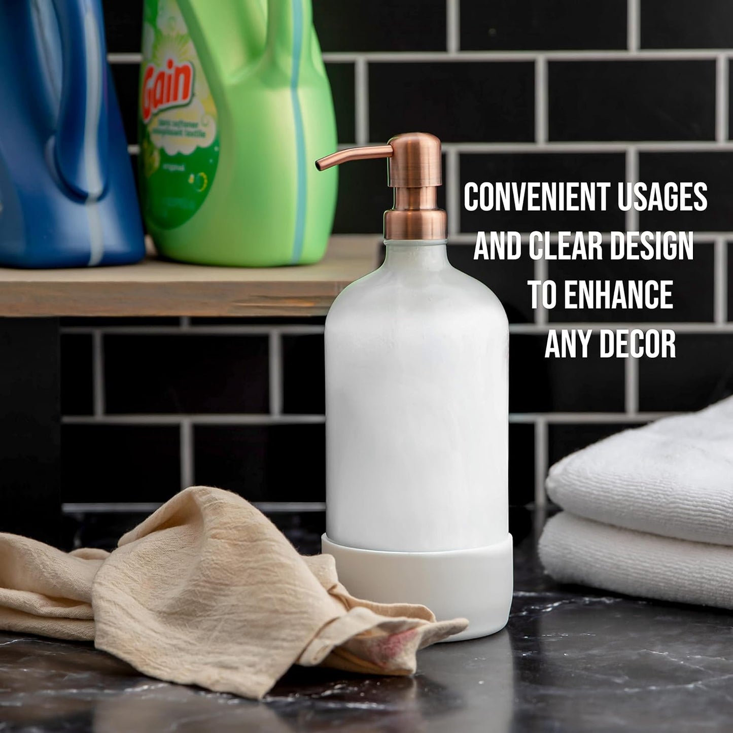 32 oz Glass Pump Bottle Rustproof Stainless Steel Pump, Funnel, and Lids. Modern Farmhouse Vintage Jar, Large Glass Shampoo Bottles with Pump and Laundry Soap Dispenser - Rose Gold