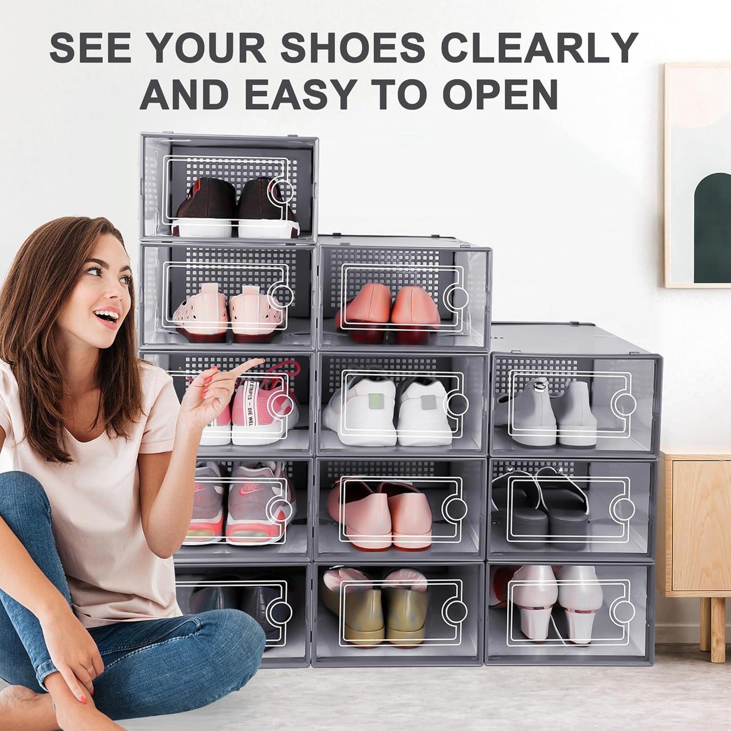 Kuject Large Shoe Organizers Storage Boxes for Closet, 12 Pack Clear Plastic Stackable Storage Bins with Lids, Under Bed Shoe Containers for Entryway, Drop Front, Fit up to Women's Size 10,Dark Gray