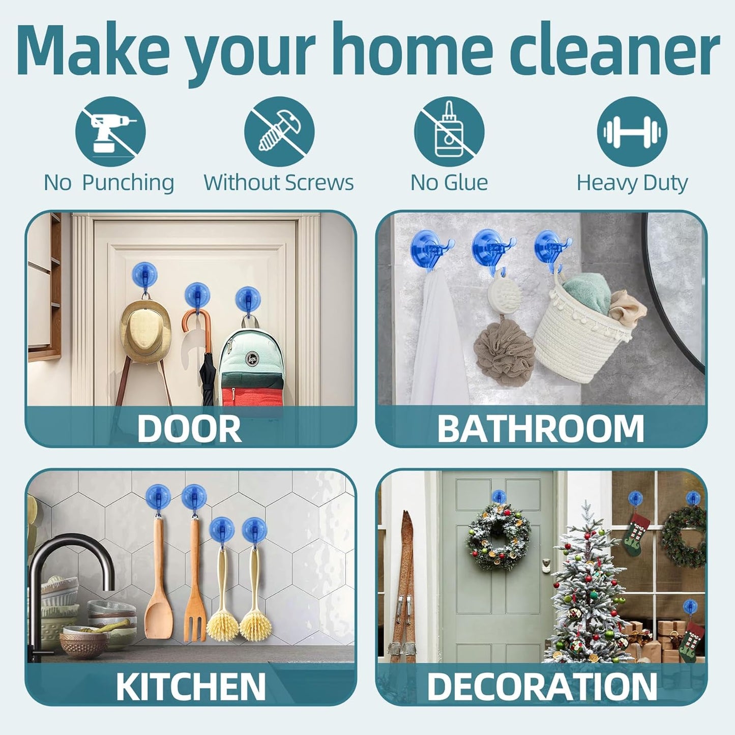 Antimbee Suction Hooks, 10 Pack Reusable Hangers, Removable Small Suction Cups for Shower, Bathroom, Glass, Door, Windows, Kitchen - Up to 11 lbs on Smooth Surface (Transparent Blue)