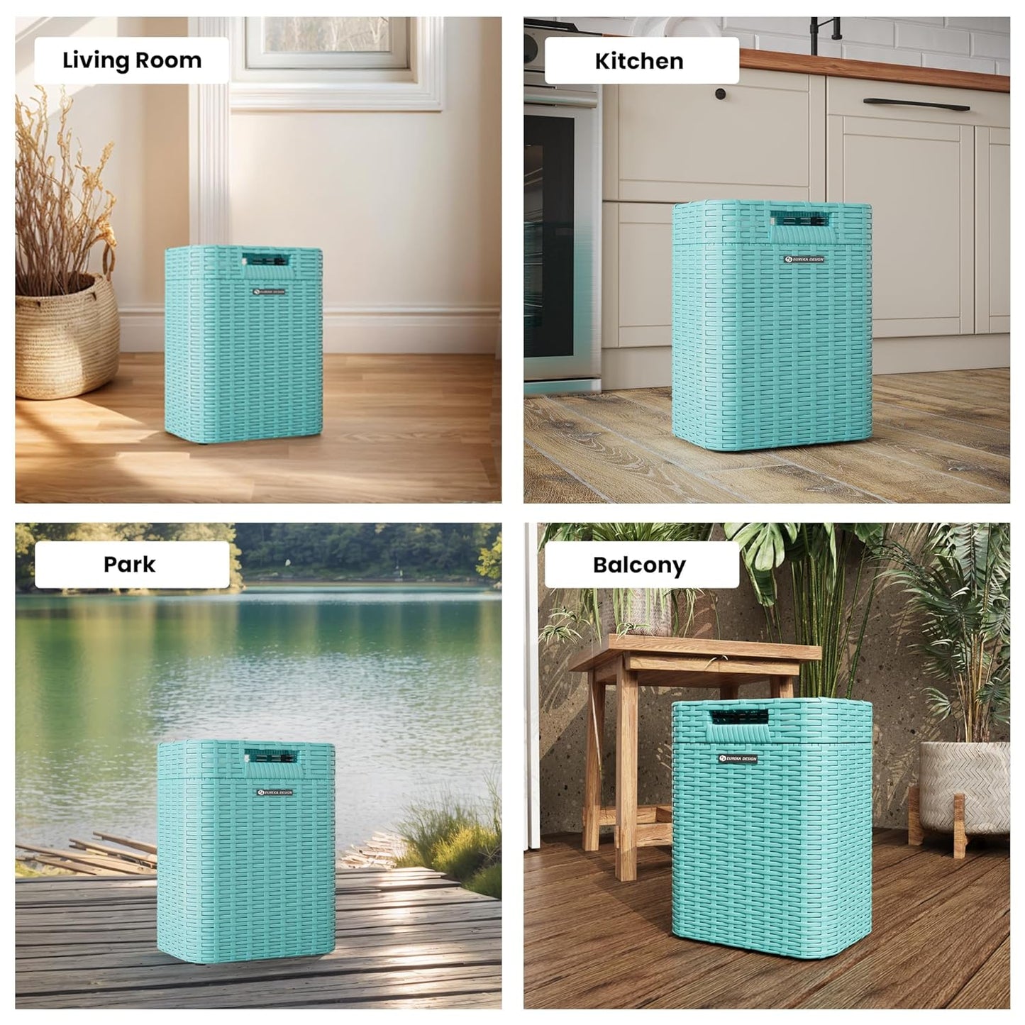 Ypati Handwoven 4 Gallon Rattan Trash Can with Lid, Boho Style Decorative Indoor and Outdoor Trash Bin with Shelf, Waste Basket for Bathroom, Kitchen, Patio, with Trash Bags, Turquoise Blue, Eureka