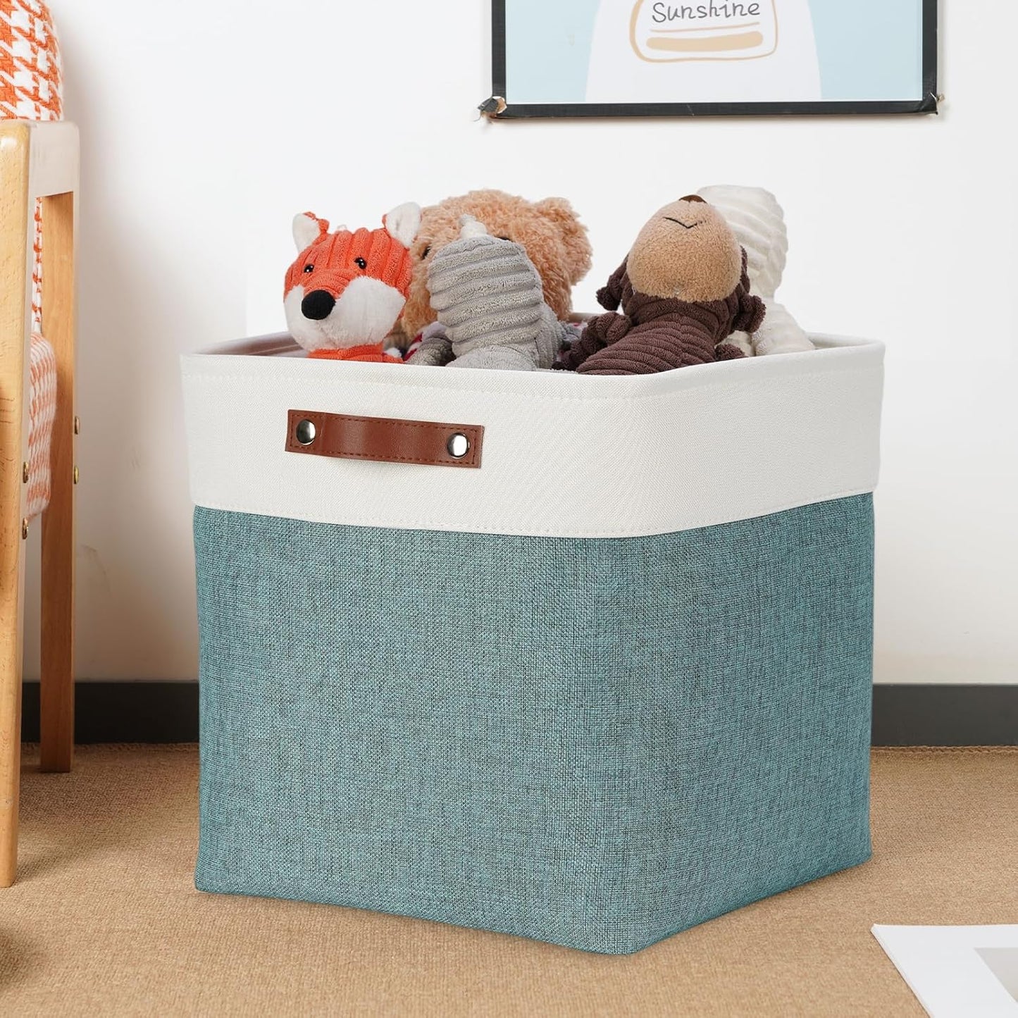 DULLEMELO Storage Bins, 4 Pack Of 13x13x13 Decorative Storage Cube Bins Suit Office, Home, Shelves And Closet, Stackale Gift Baskets Empty with Leather handle (White&Deep Green)