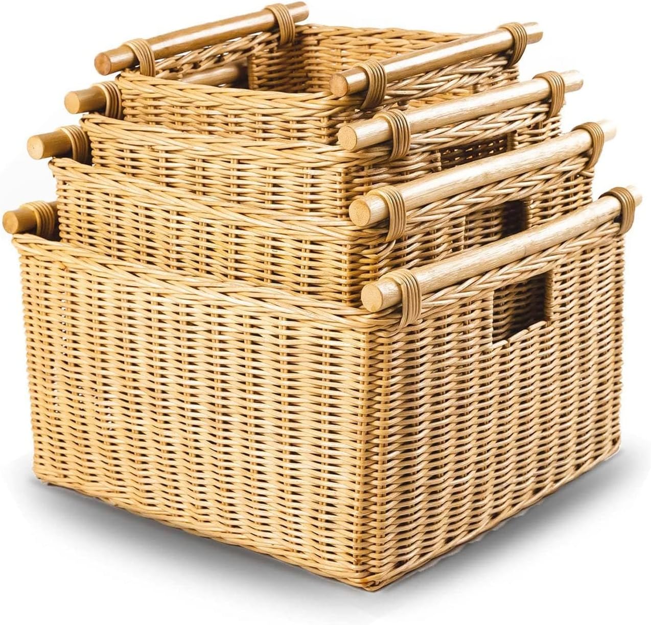 The Basket Lady Deep Pole Handle Wicker Storage Basket, Extra Large, 17.5 in L x 18 in W x 11.5 in H, Sandstone