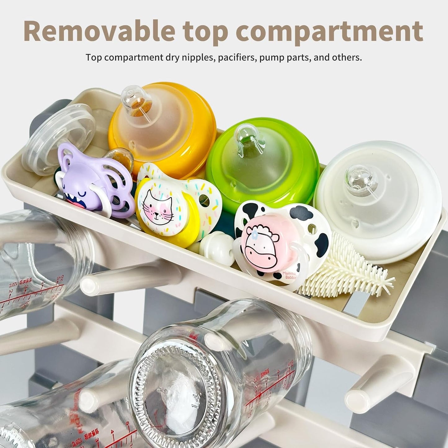Baby Bottle Drying Rack, Vertical Standing Bottle Dryer Rack Holder-Space Saving Baby Bottle Drying Rack for Countertop-Holds Up to 12 Baby Bottles & Cup(Gray & Khaki)