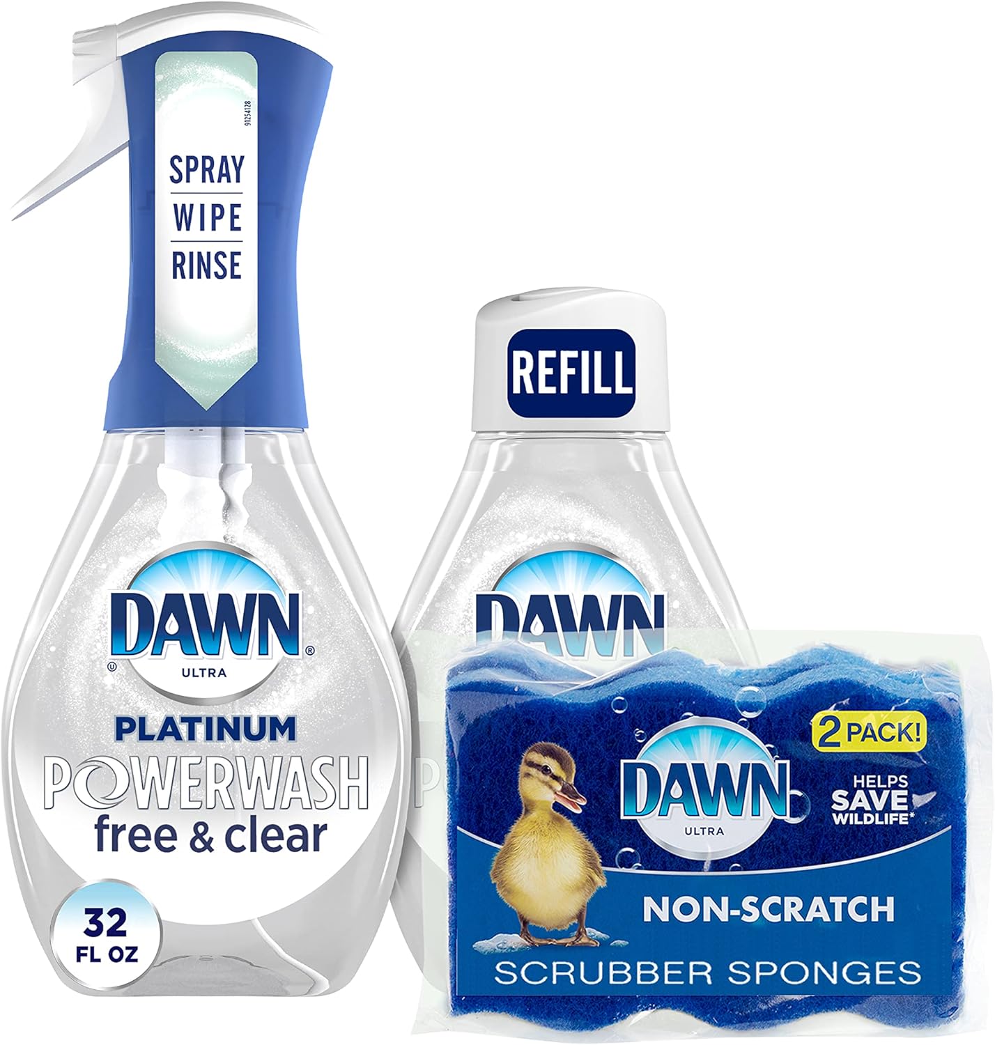 Dawn Free & Clear Powerwash Dish Spray, Dish Soap, 1 Spray (16oz), 1 Refill (16oz) Non-Scratch Scrubber Sponge (2 count), 1 set