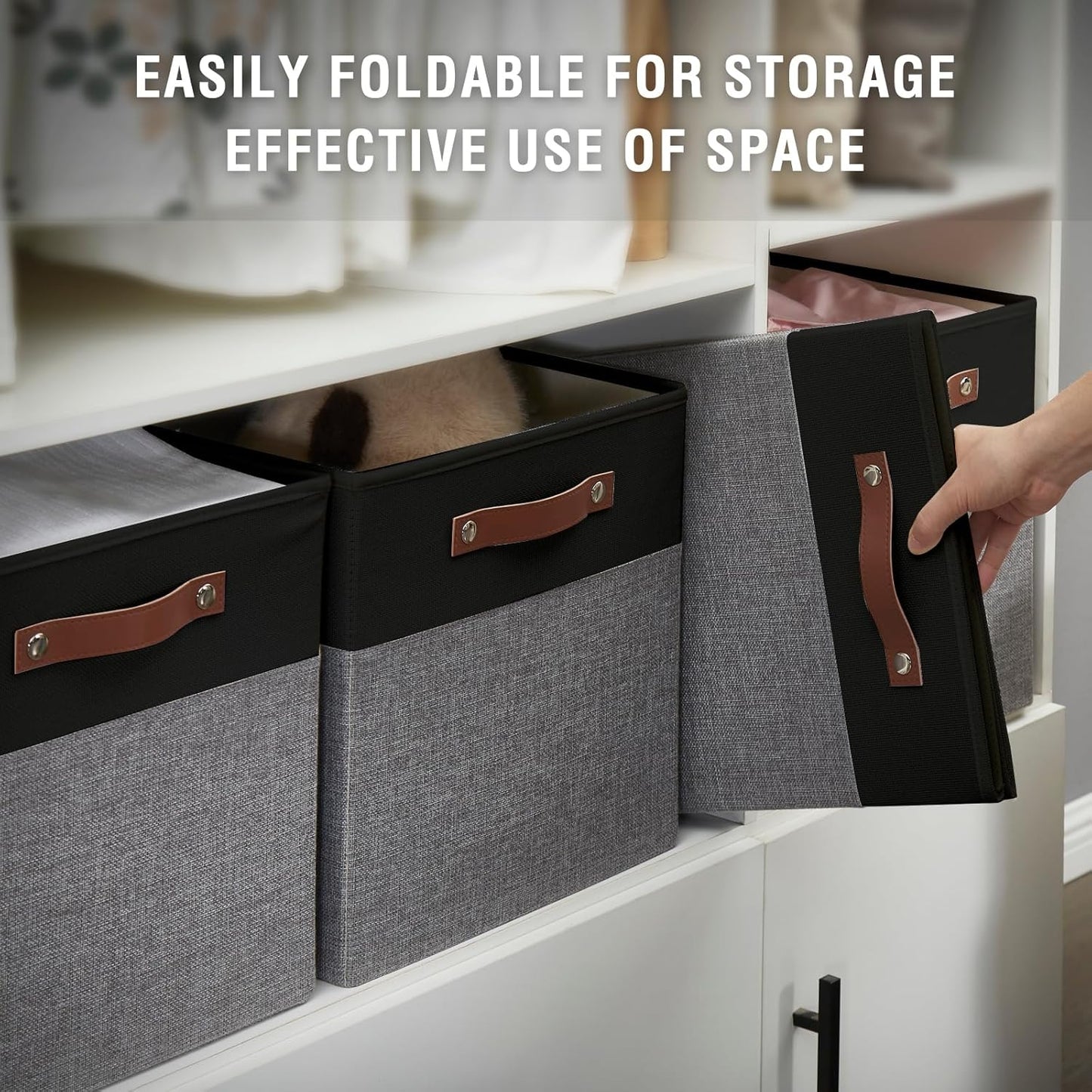 Collapsible Fabric Storage Cube Bins with 2 Reinforced PU Handles, Foldable Storage Organizer Baskets for Closet, Shelves, Living Room | 11"x11"x11", 4 Pack, Black & Gray