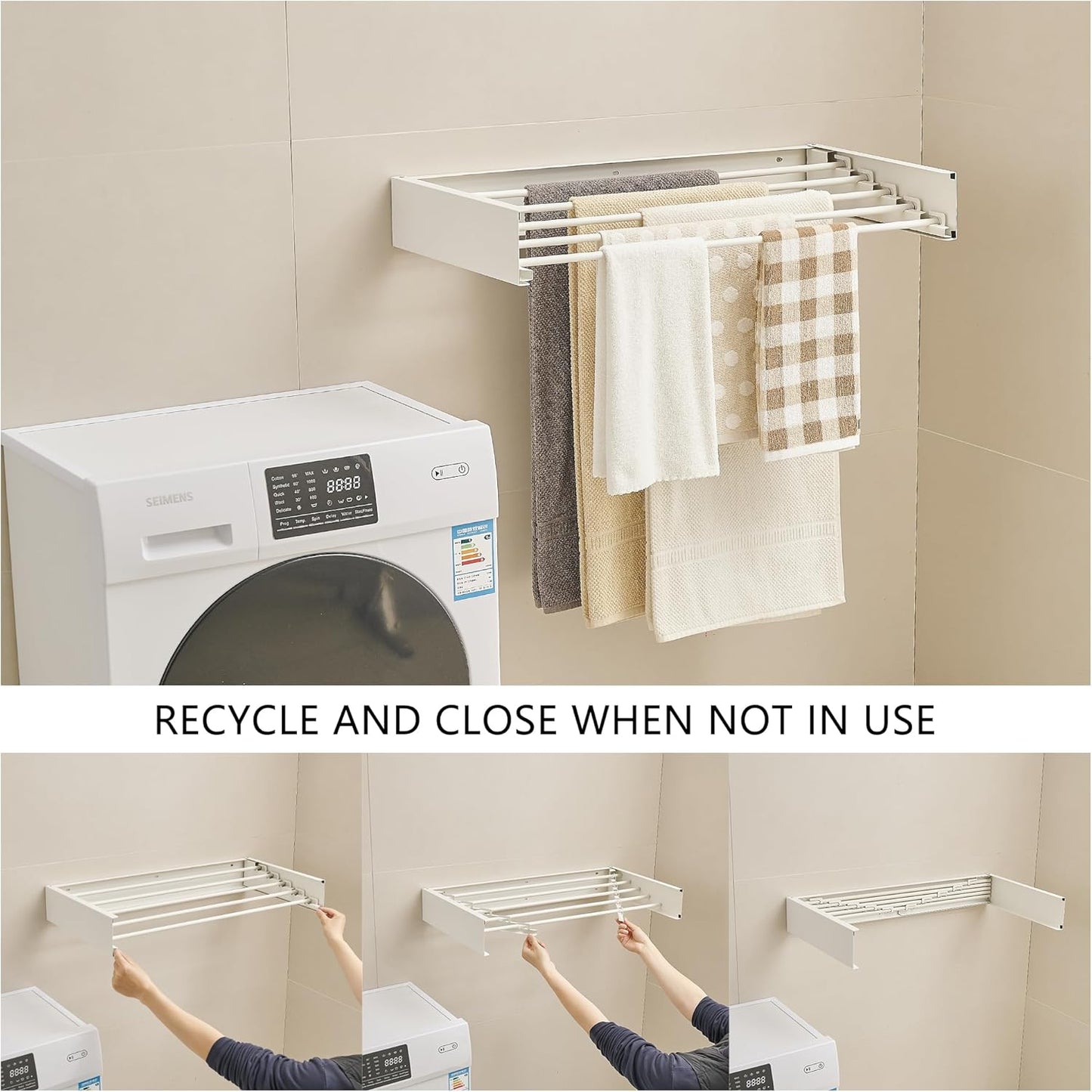 JOOM Laundry Drying Rack Collapsible, Wall Mounted Clothes Drying Rack, Retractable Drying Rack, 31.5" Wide, 5 Aluminum Rods, 60 lb Capacity (White 31.5")