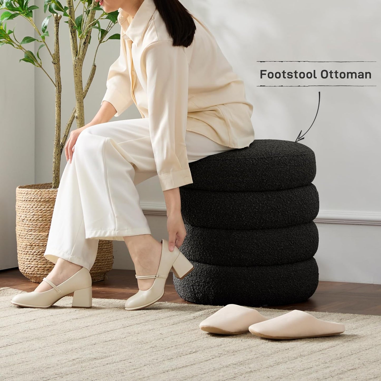 Round Ottoman with Storage Boucle Ottoman Stool with Storage Removable Lid for Living Room Modern Vanity Sorage Stool Foot Rest Bedroom Dorm Gifts Set of 2 (Black)