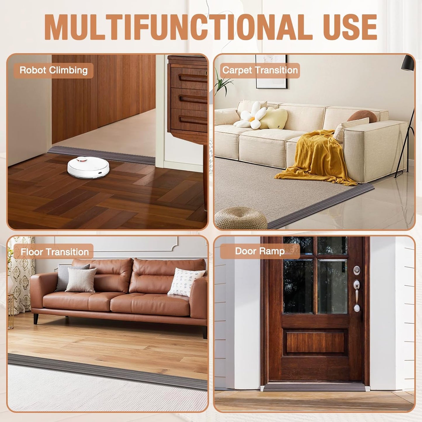 Floor Transition Strip Self Adhesive Vinyl Door Threshold for Doorways Carpet Edging Trim Overlap Edge Reducer for Laminate Floor, Carpet, Tile (Grayish Brown Wood Grain, 3/5" to 4/5", 6.6Ft)