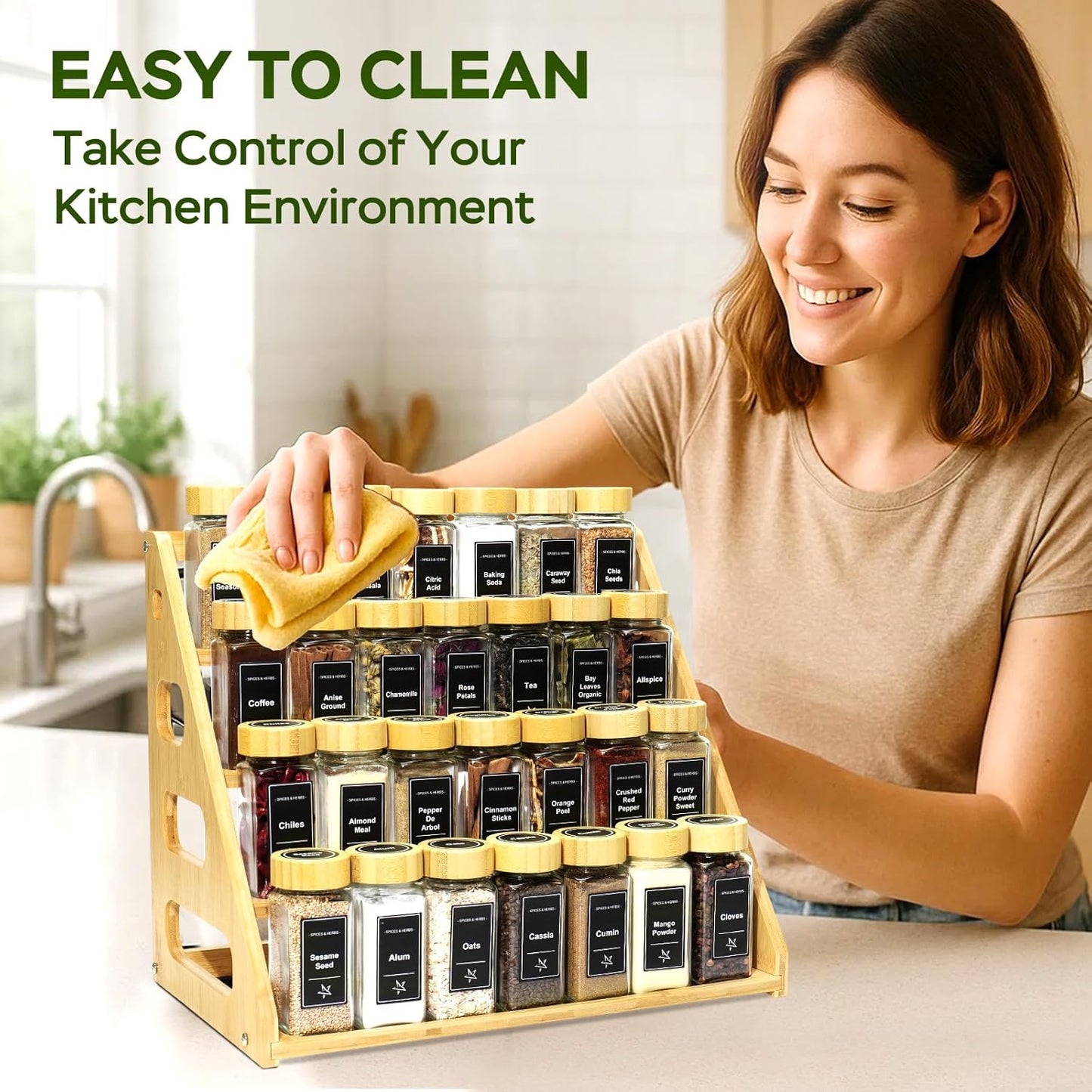 4 Tier Bamboo Spice Rack Organizer with 28 Spice Jars, 780 Labels, Wood Shelf, Chalk Marker and Funnel Set for Cabinet Kitchen Countertop, Empty 4 oz Glass Jars