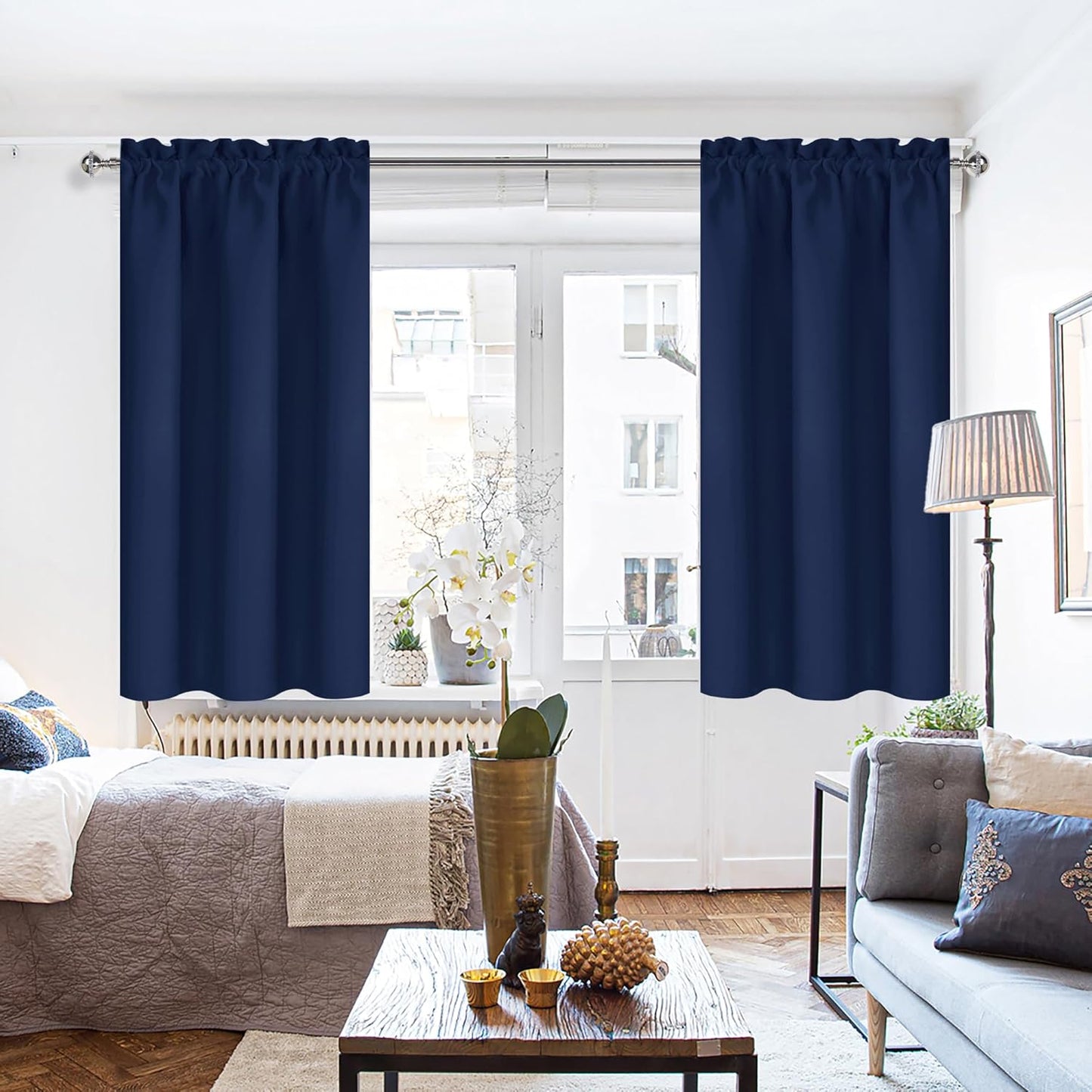 DWCN Short Blackout Curtains for Bedroom 54 Inches Long 2 Panels Set, Solid Thermal Insulated Energy Saving Window Treatment Drapes, Rod Pocket Curtains for Kids Boys Room (W42 x L54 Inch, Navy Blue)