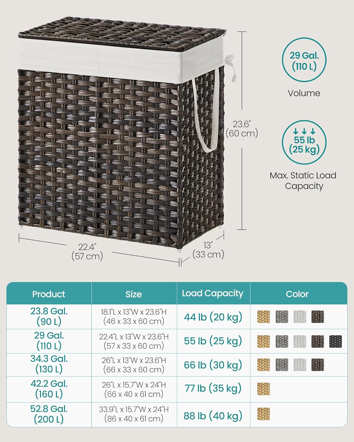 SONGMICS Laundry Hamper with Lid, 110L Clothes Hamper with 2 Removable Liner Bags, 6 Mesh Bags, Wicker Laundry Basket, Double Laundry Hamper for Bathroom, 13 x 22.4 x 23.6 Inches, Brown ULCB052K02