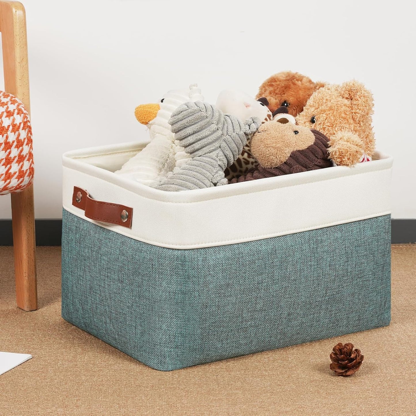 DULLEMELO Storage Baskets for Shelves, Fabric Collapsible Rectangular Storage Bins for Shelves, Closets, Nursery, Home, Office, Empty Gift Baskets (4-Pack-15"*11"*9.5", White&Deep Green)