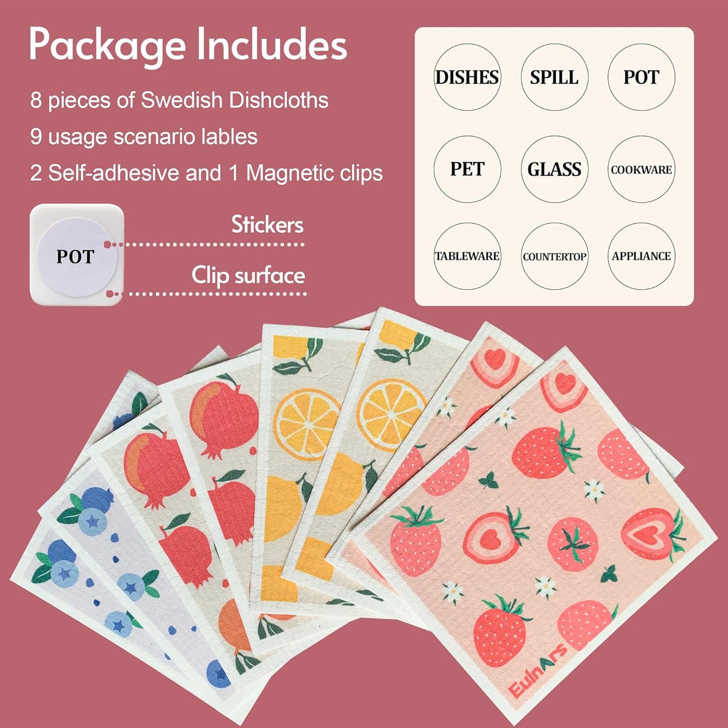 Swedish Dishcloths for Kitchen, 8 Pack Reusable Paper Towels with Clips, Non-Scratch Swedish Dish Towels, Super Absorbent Cellulose Sponge Cloths, Eco Friendly Gifts