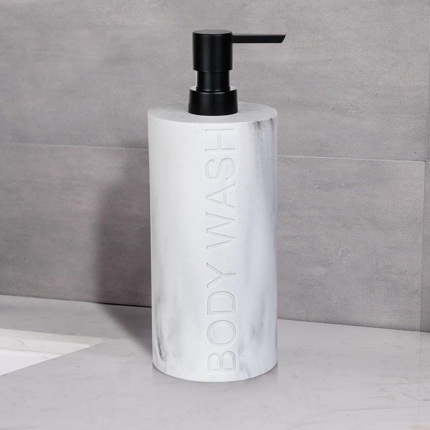 White Body Wash Dispenser Luxurious Refillable Pump Bottle with Embossed Text, Durable Construction for Bathroom and Kitchen