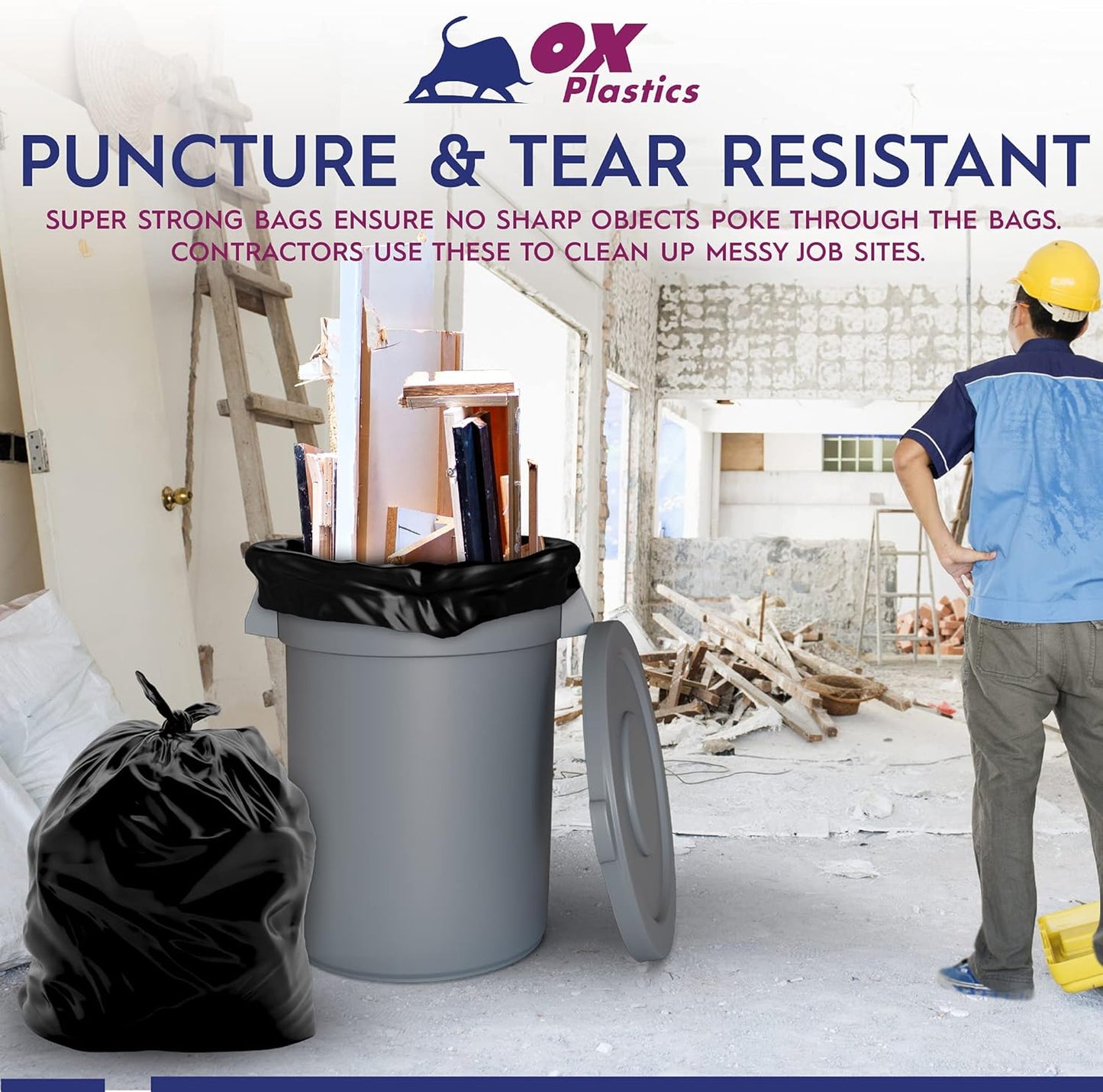 OX Plastics Black Trash Bags - Heavy Duty Garbage Bags, Extra Thick Unscented Large Trash Can Liners for Home, Outdoor, and Commercial Use - 42 Gallon, 50 Count