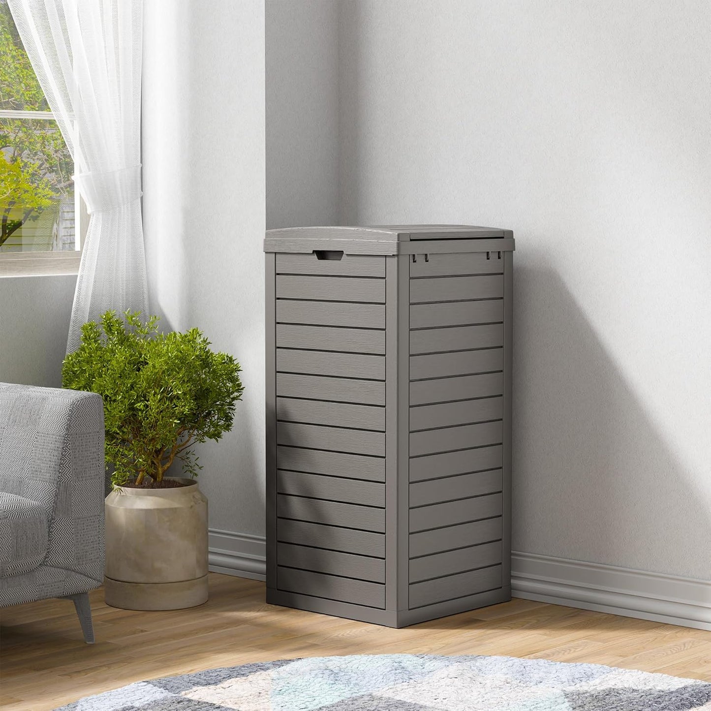 NUNU LAB 31 Gal Outdoor Trash Can with Lid - Heavy Duty Waterproof Resin, Removable Drip Tray, Fits 33-40 Gallon Bags - Large Garbage Bin for Patio, Backyard, Deck