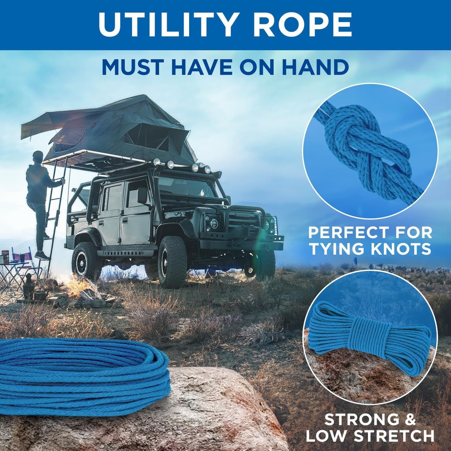 TECEUM Cotton Rope 3/16” (5 mm) – 100 FT – Strong All-Purpose Braided Rope – Natural Cotton – for Crafting, Сamping, Clothes Line, DIY, Indoor & Outdoor Use – Sky Blue