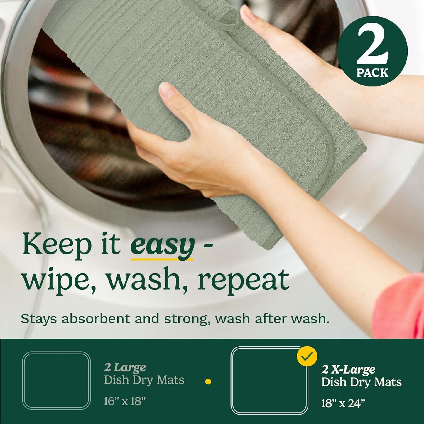 Cuisinart Dish Drying Mats for Kitchen Counter - (2) 18" x 24" Ultra Absorbent Dish Drying Mat XL - Foldable, Machine Washable, Fast Drying Dish Mat (Horizontal Stripes)