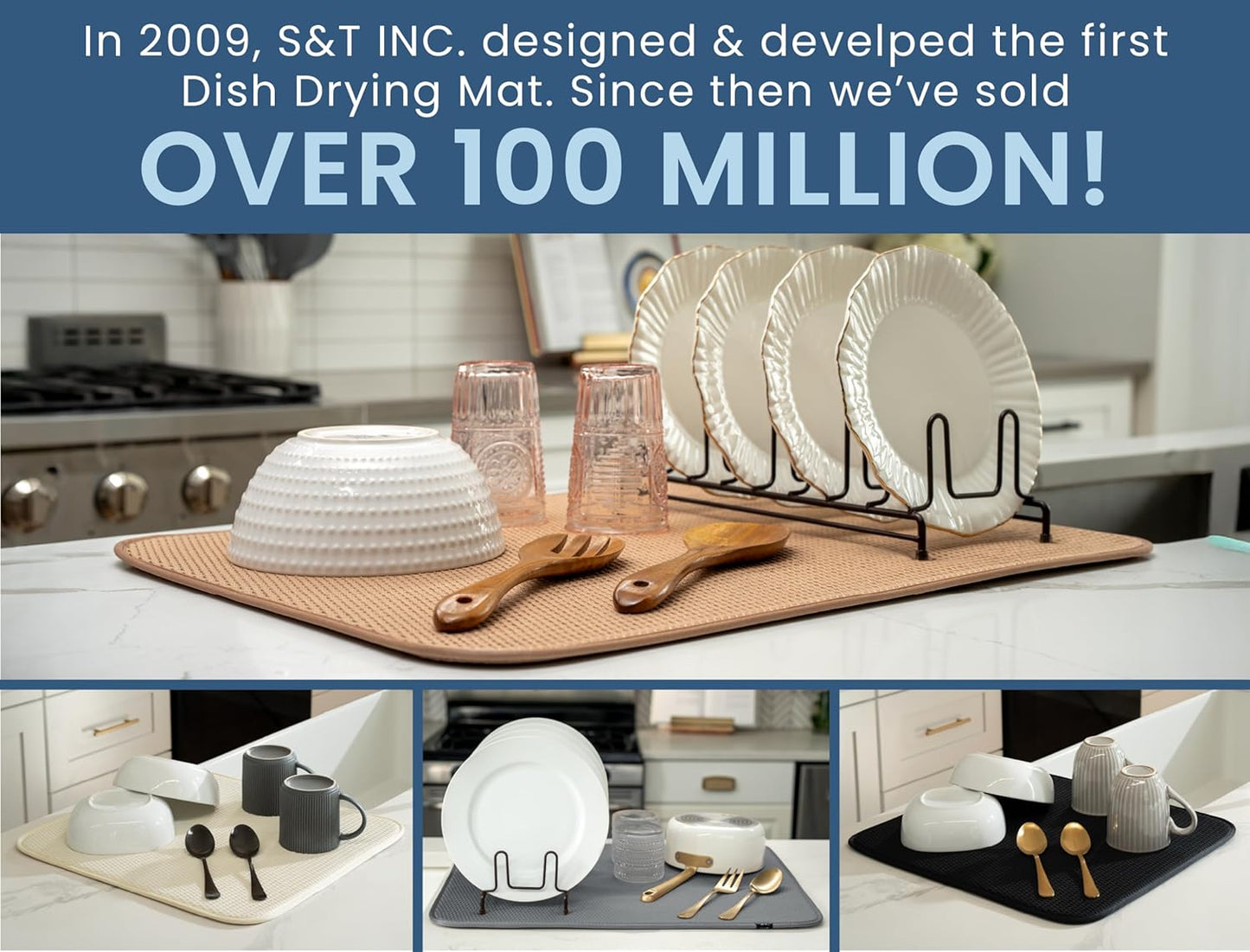 S&T INC. Dish Drying Mat, 16” x 18”, Absorbent Microfiber Kitchen Counter Mat, Drying Pad for Dishes, Utensils, Pots and Pans, Large, Diamond Texture, Cream