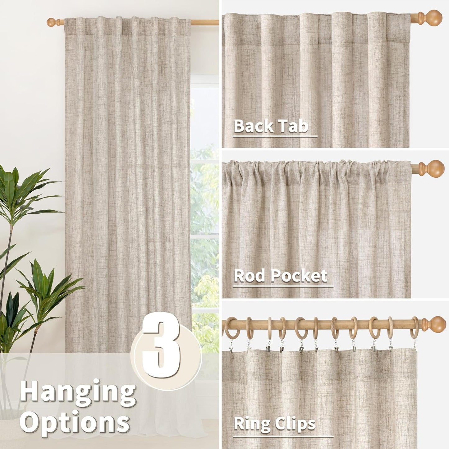 YoungsTex Natural Linen Curtains 84 Inch Length 2 Panels Rod Pocket Light Filtering Textured Window Drapes with Ring Clips for Living Room Dining Bedroom, 38 X 84 Inches