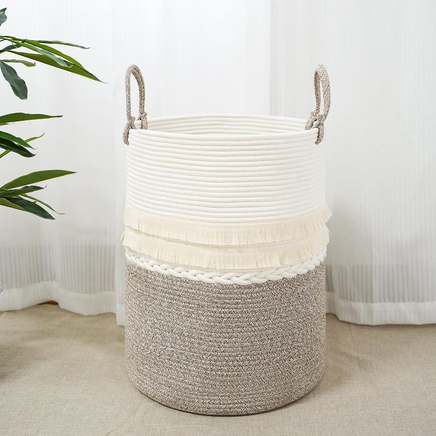 danpinera 79 L Large Laundry Basket, Tall Woven Cotton Storage Hamper with Handles, Dirty Clothes Hamper in Bathroom, Decorative Storage Basket for Living Room White & Brown