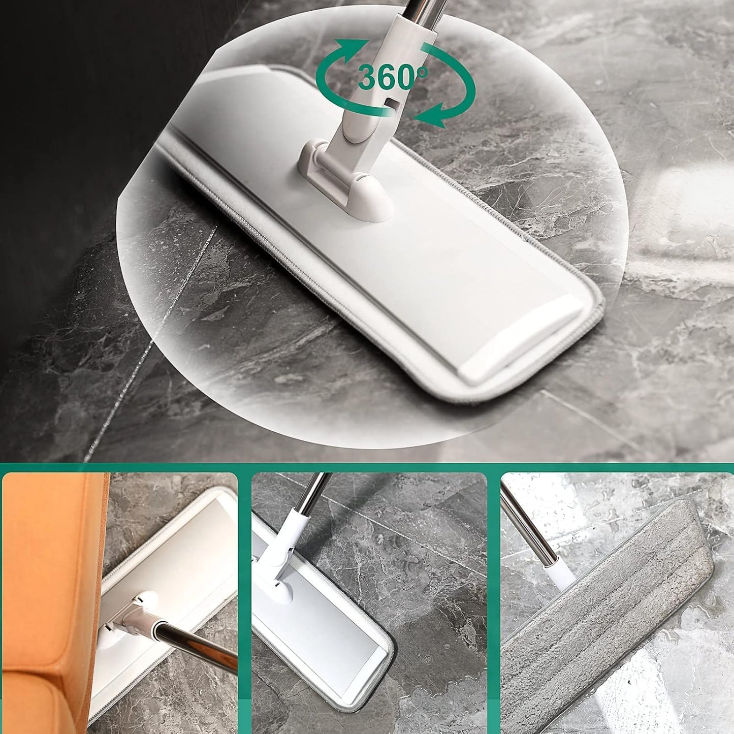 18" Professional Microfiber Mop Floor Cleaning System, Flat Mops with Stainless Steel Handle, 4 Reusable Washable Mop Pads, Wet and Dust Mopping for Hardwood, Vinyl, Laminate, Tile Cleaning (White)