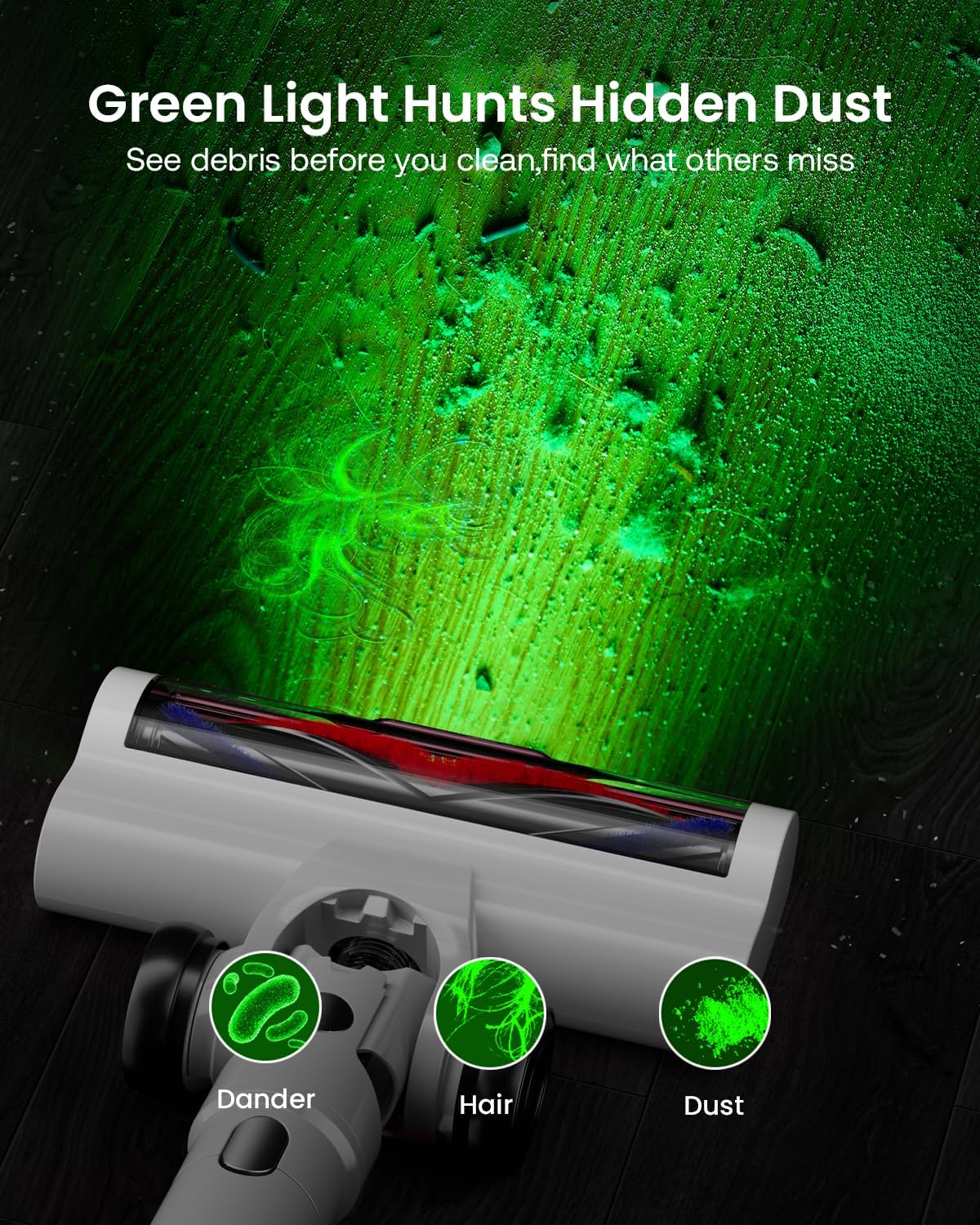 Cordless Vacuum Cleaner for Home, Upgraded 60Kpa Powerful Suction Pet Hair Vacuum with 70min Runtime, Green LED Light for Hardwood Floors & Carpet, Self-Standing Rechargeable Stick Vacuum, White