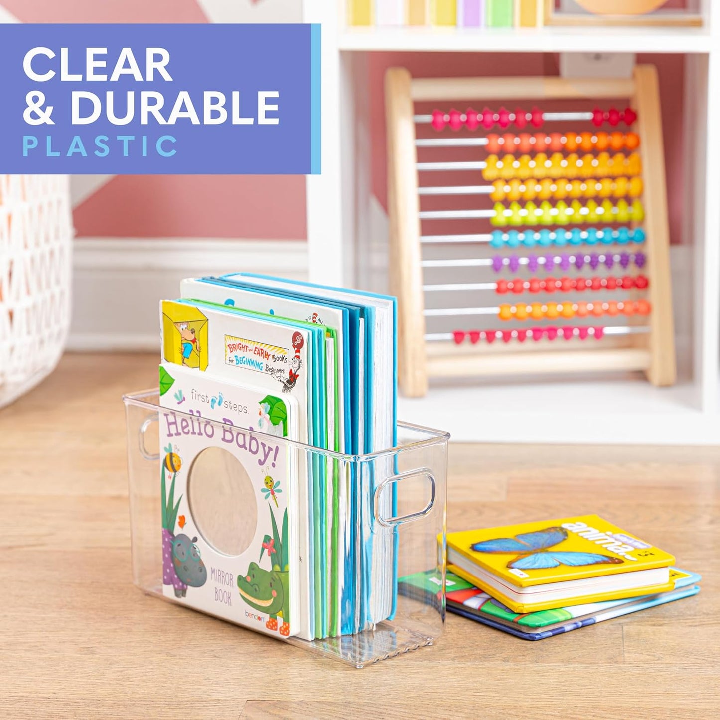 Plastic Food Storage 2 Pack Clear Container Bin with Handles for Organizing Kitchen, Pantry, Refrigerator, Freezer, Pantry, Cabinet, Closet, Bathroom. 10”x4”x6”