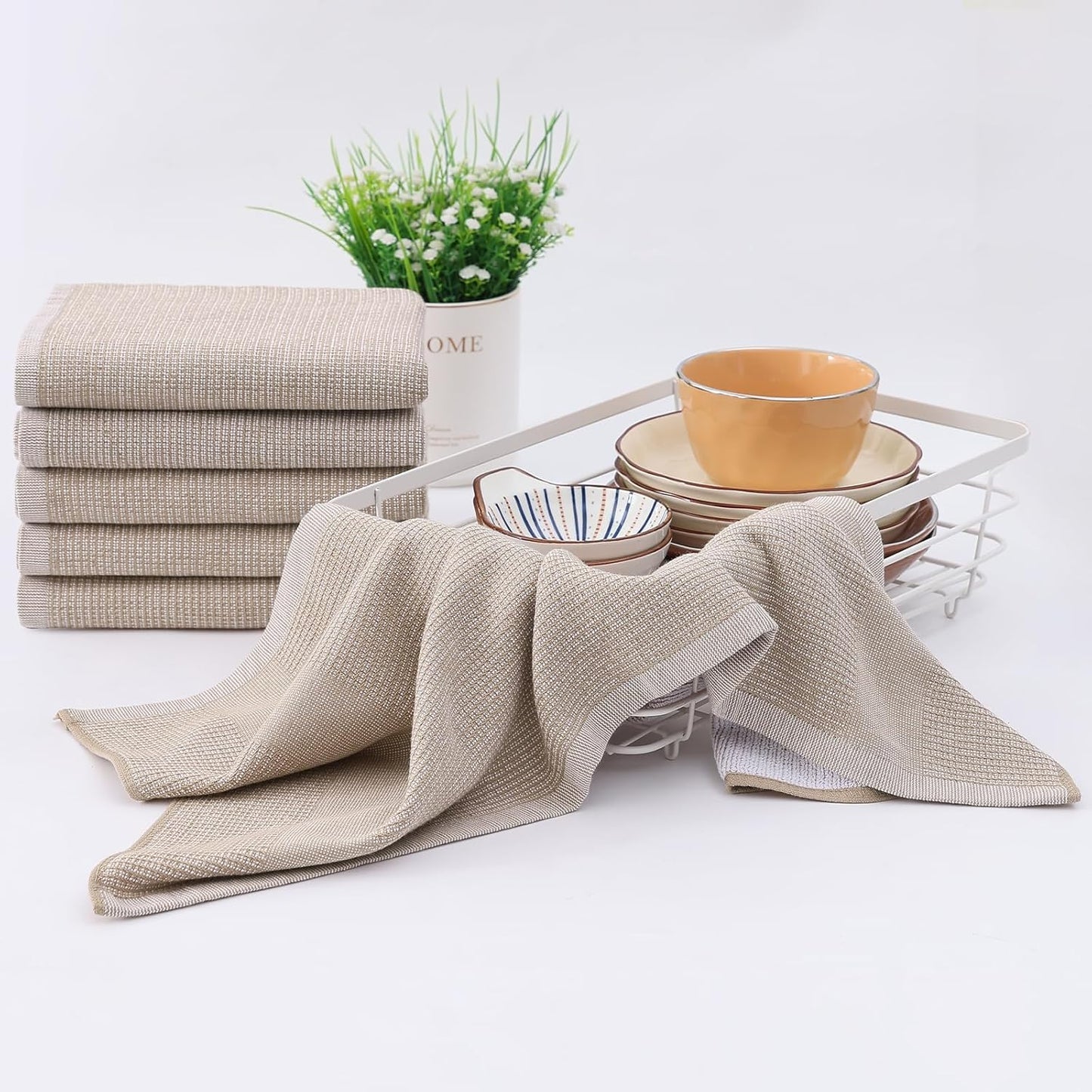 Homaxy Premium Kitchen Towels(18”x 28”, 8 Pack), Large Cotton Kitchen Hand Towels, Flat and Terry Dish Towels, 380 GSM Highly Absorbent Tea Towel Set with Hanging Loop, Khaki