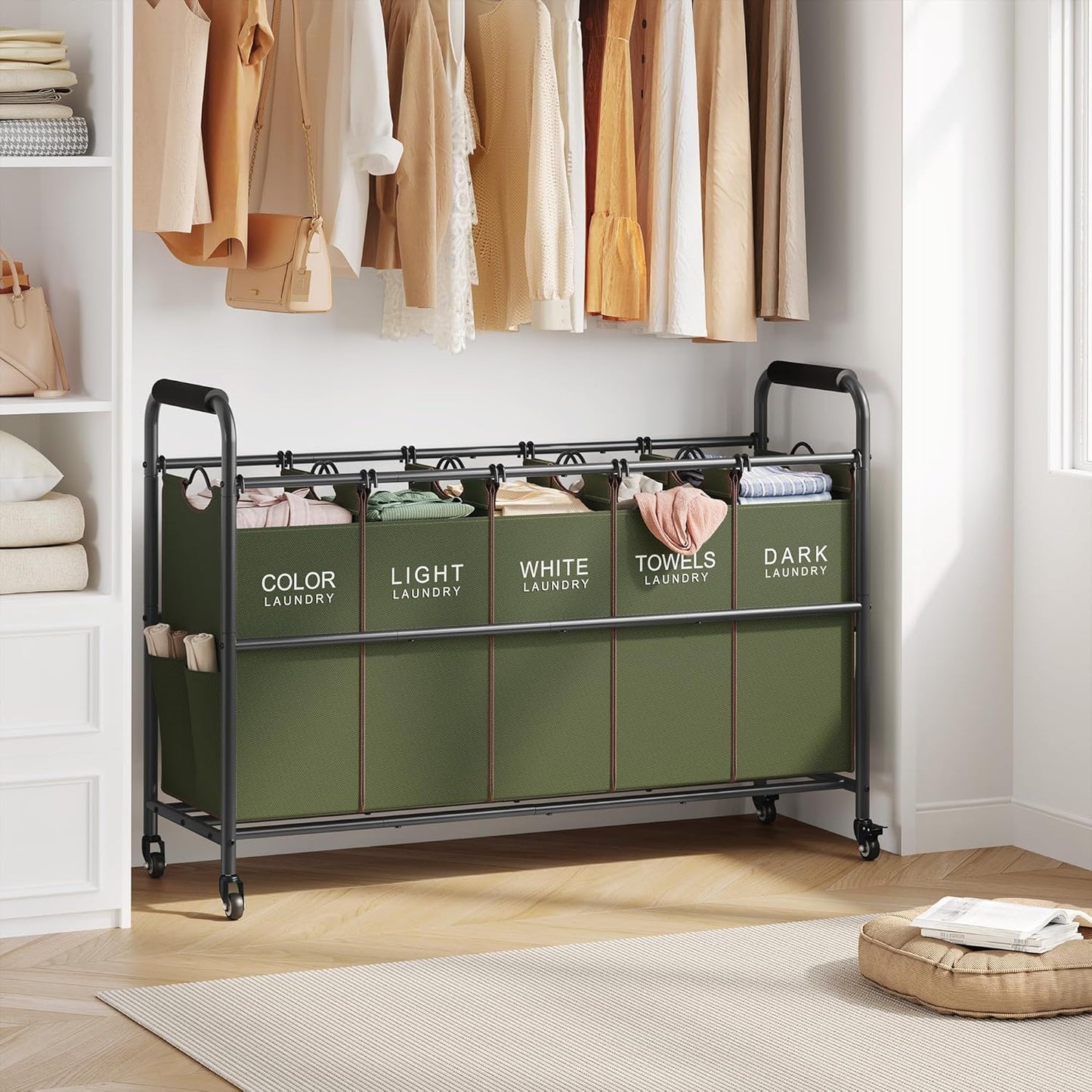 Tajsoon 5 Sections Laundry Sorter, Laundry Hamper with Heavy Duty Lockable Wheels and Removable Bags, 5 Bag Laundry Sorter Cart for Dirty Clothes Storage, Laundry Separator Hamper, Green