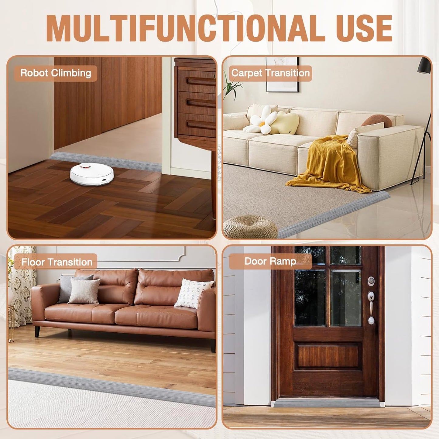 Floor Transition Strip Self Adhesive Vinyl Door Threshold for Doorways Carpet Edging Trim Overlap Edge Reducer for Laminate Floor, Carpet, Tile (Light Gray Wood Grain, 3/5" to 4/5", 3.3Ft)