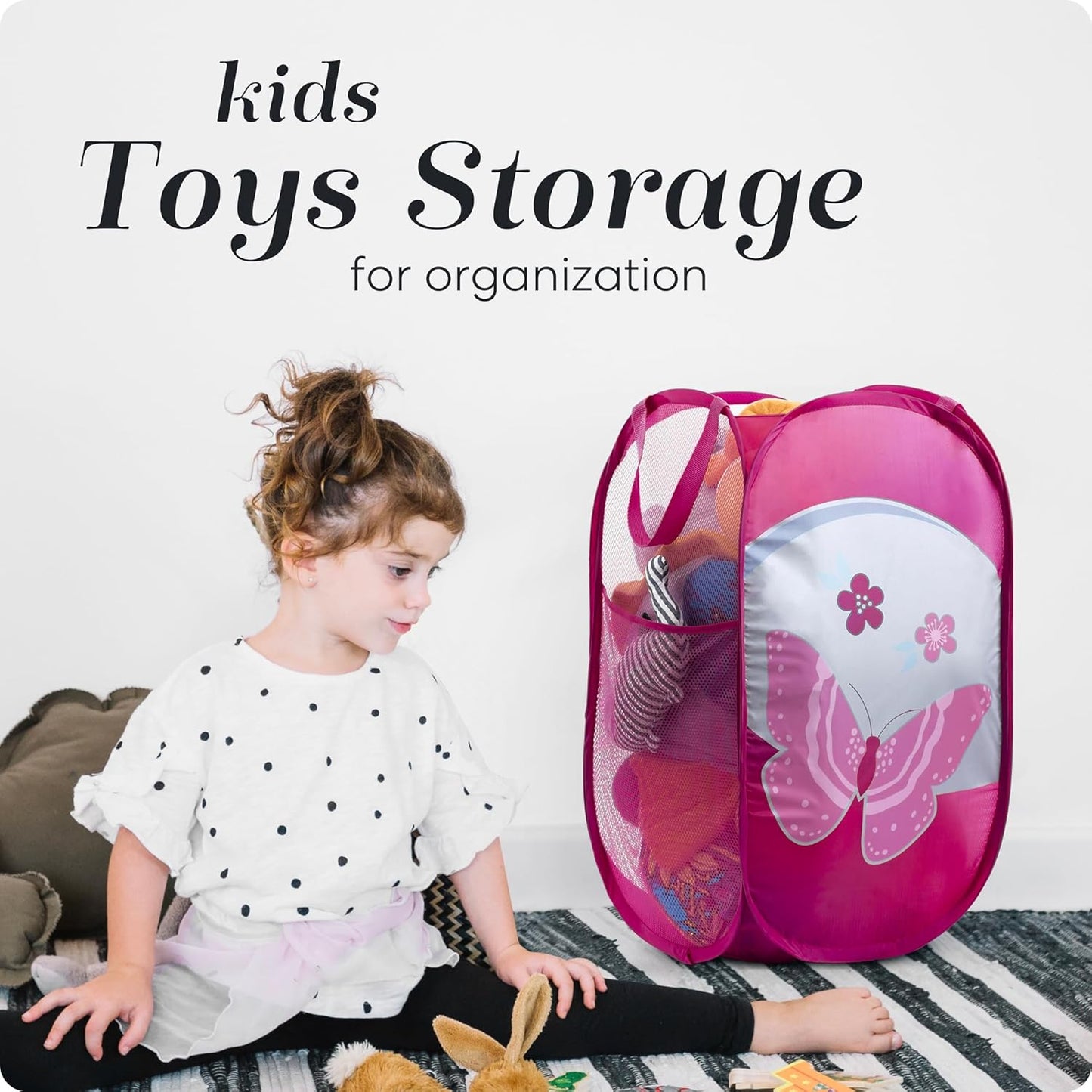 Handy Laundry Collapsible Mesh Pop Up Hamper with Wide Opening and Side Pocket - Breathable, Sturdy, Foldable, and Space-Saving Design for Clothes and Storage (Butterfly)