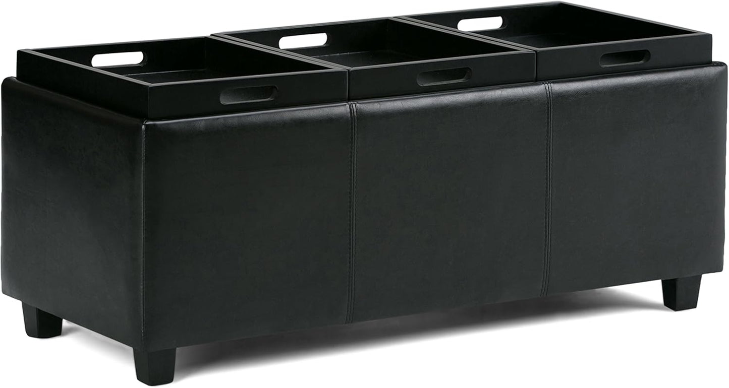 SIMPLIHOME Avalon 42 inch Wide Contemporary Rectangle Storage Ottoman in Midnight Black Vegan Faux Leather, Assembled, For the Living Room, Entryway and Family Room