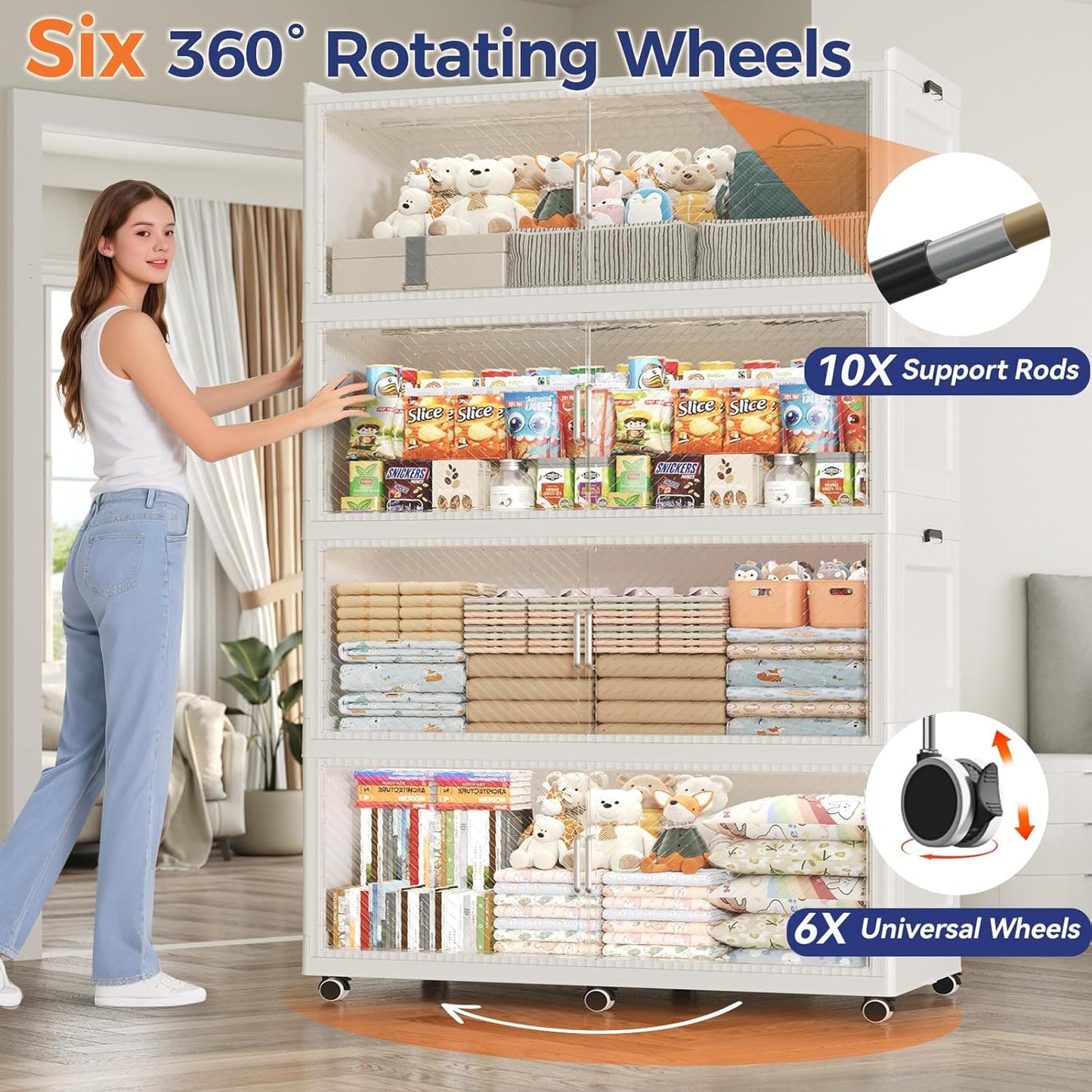 240GAL Extra Large Storage Bins with Lid, 960QT Collapsible Organizer with Wheels, Stackable Closet Cabinet with Doors, Folding Storage Containers for Home, Office, Dorm, 3Pack White