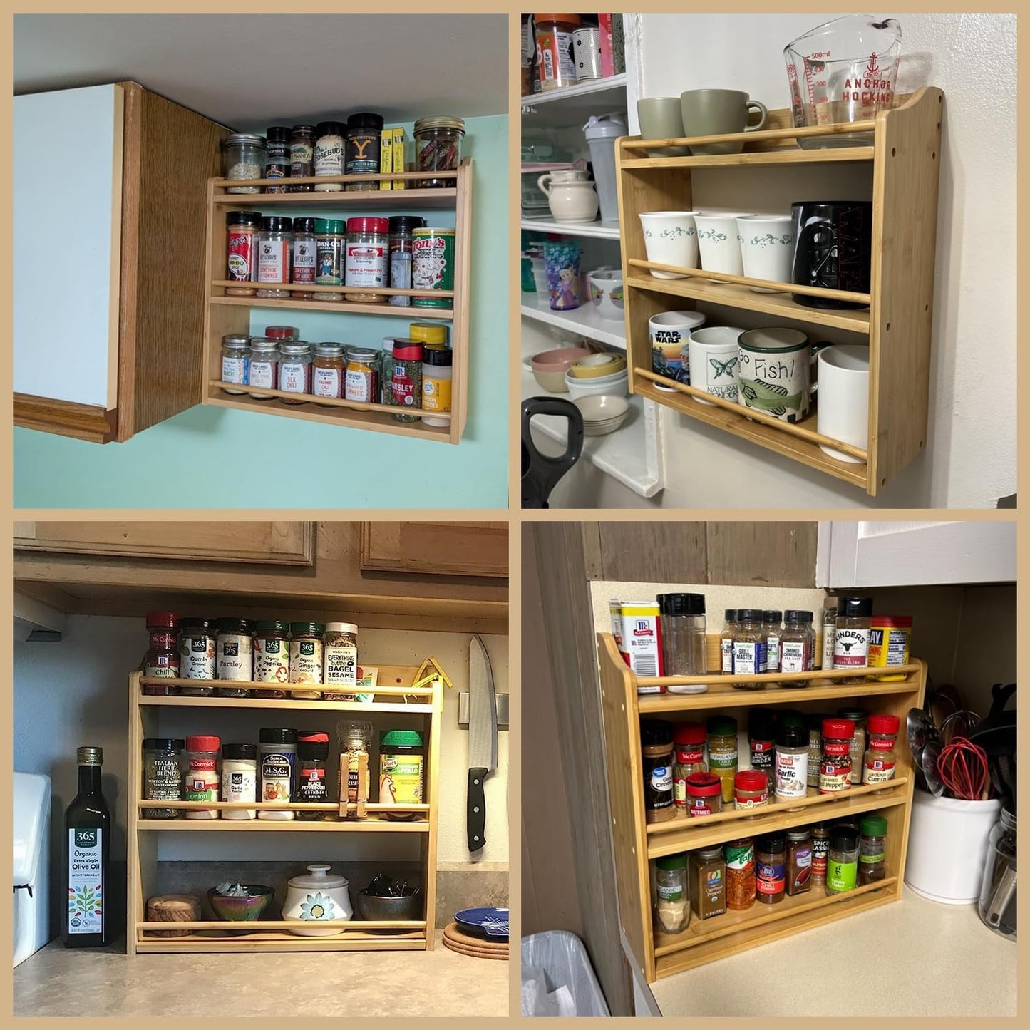 3 Tier Bamboo Spice Rack, Seasoning Jars Rack Shelf Spice Organizer for Kitchen Counter or Wall Mounting