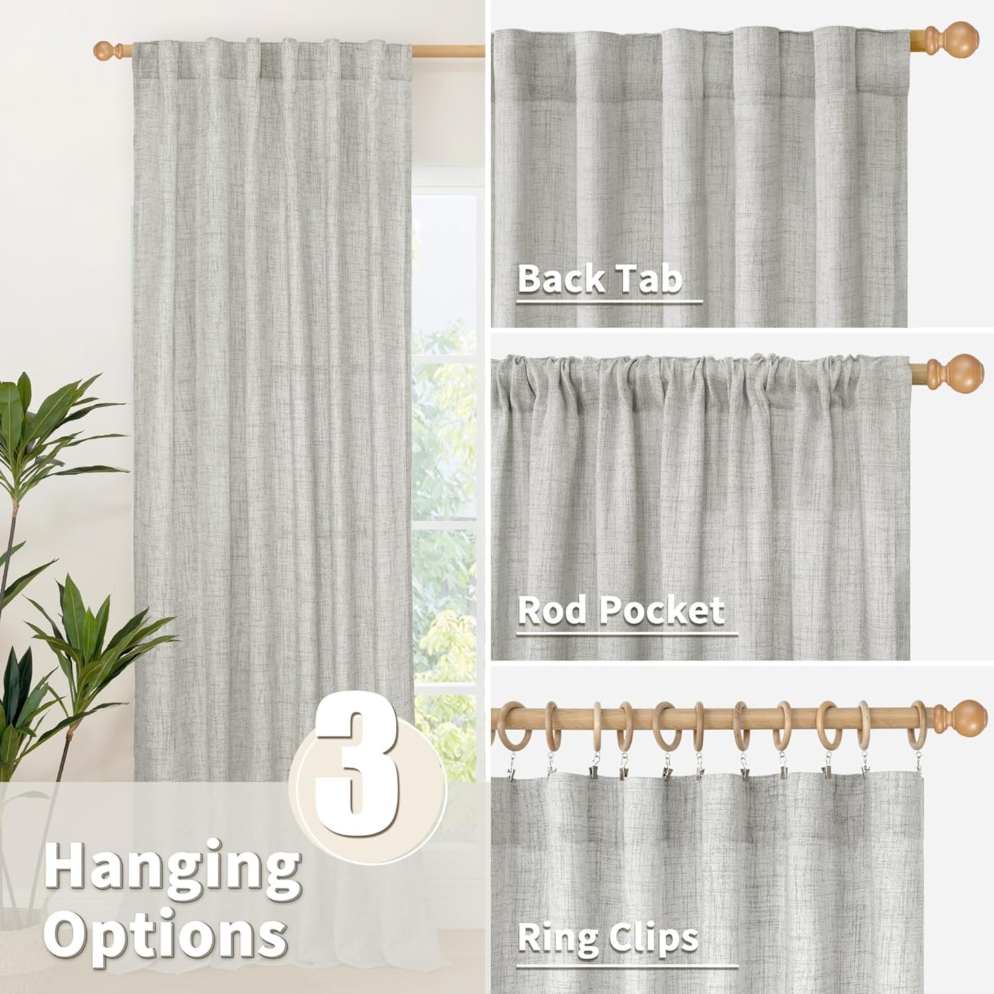 YoungsTex Light Grey Linen Semi Sheer Curtains for Living Room 2 Panels, Textured Light Filtering Drapes with Rod Pocket Back Tab Window Treatments for Dining Bedroom, 52 X 72 Inch