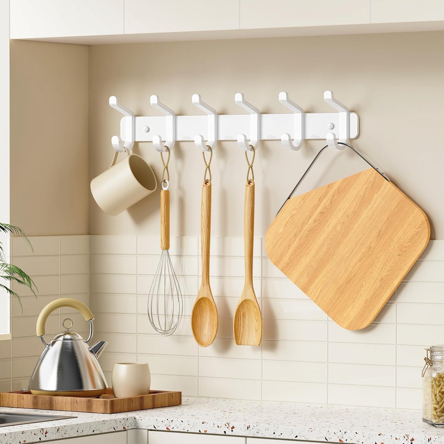 Coat Rack Wall Mounted Heavy-Duty: Metal Coat Hanger 6 Hooks for Hanging Hat, Clothes, Robe, Keys, Backpack, Bathroom Towels, Jacket, Purse - Closet, Door, Entryway, Mudroom (White, 1 Pack)