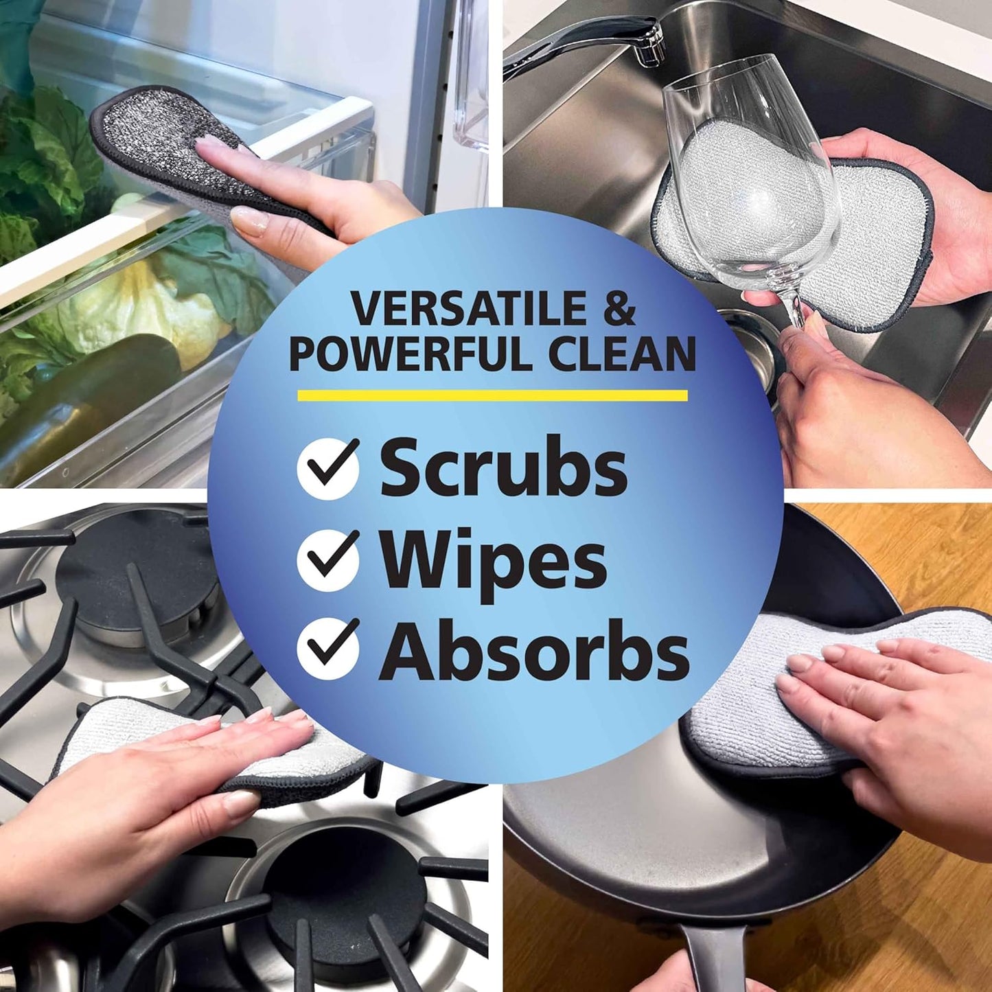 Fresh Scrub-N-Wipe Pad by Tuff-Scrub, 6-Pack, Antimicrobial & Charcoal Foam for Odor Control, Microfiber, Multi-Surface, Non-Scratch, Dual-Sided, Machine Washable, Kitchen Sponge (Large)