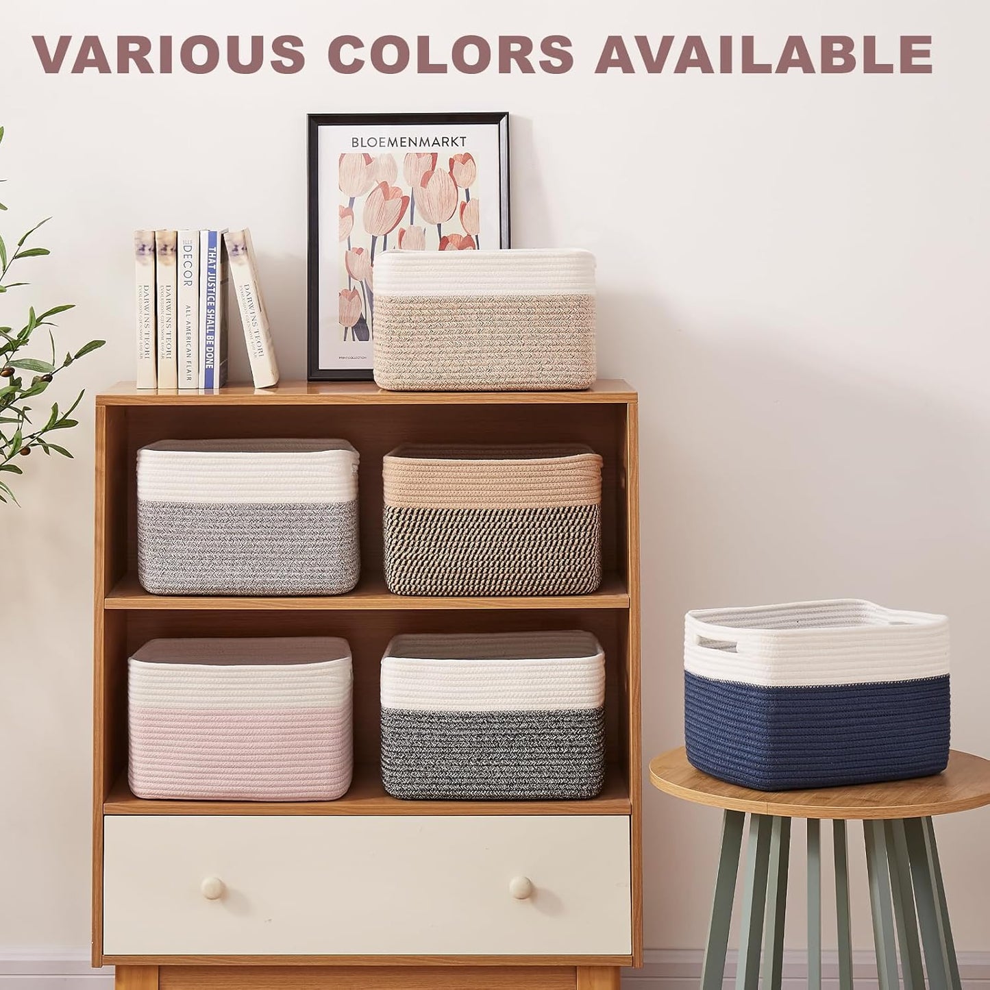 OIAHOMY 4 Pack Storage Baskets for Organizing, Basket for Shelves with Handle, Woven Baskets for Storage Toys, Towels, Books, Cotton Rope Basket 13" L x 9 " W x 7.8 " H, Brown & White