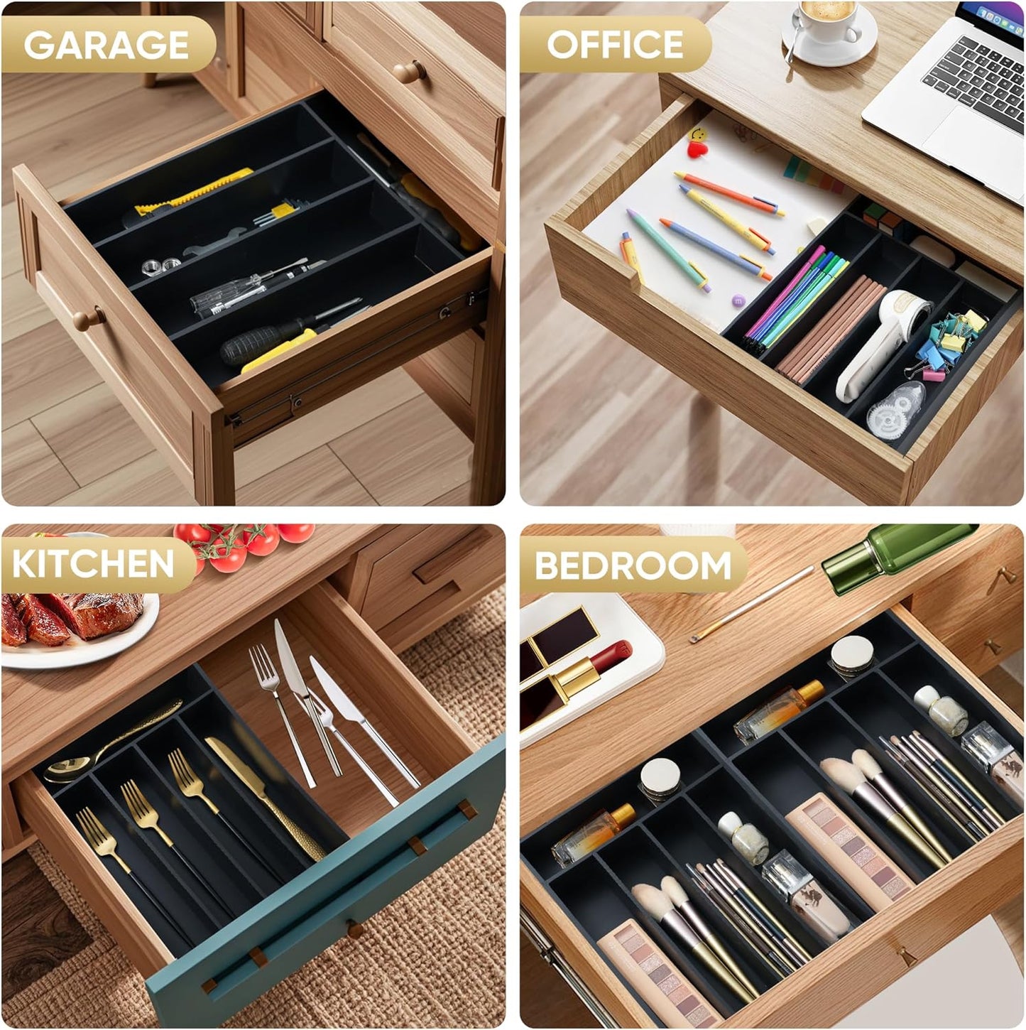 Silverware Organizer, 10 Inch Utensil Organizer Kitchen Drawer Organizer Bamboo Silverware Holder Cutlery Tray Organizer in Drawer Flatware Organizer Tray(5 slots, Black)