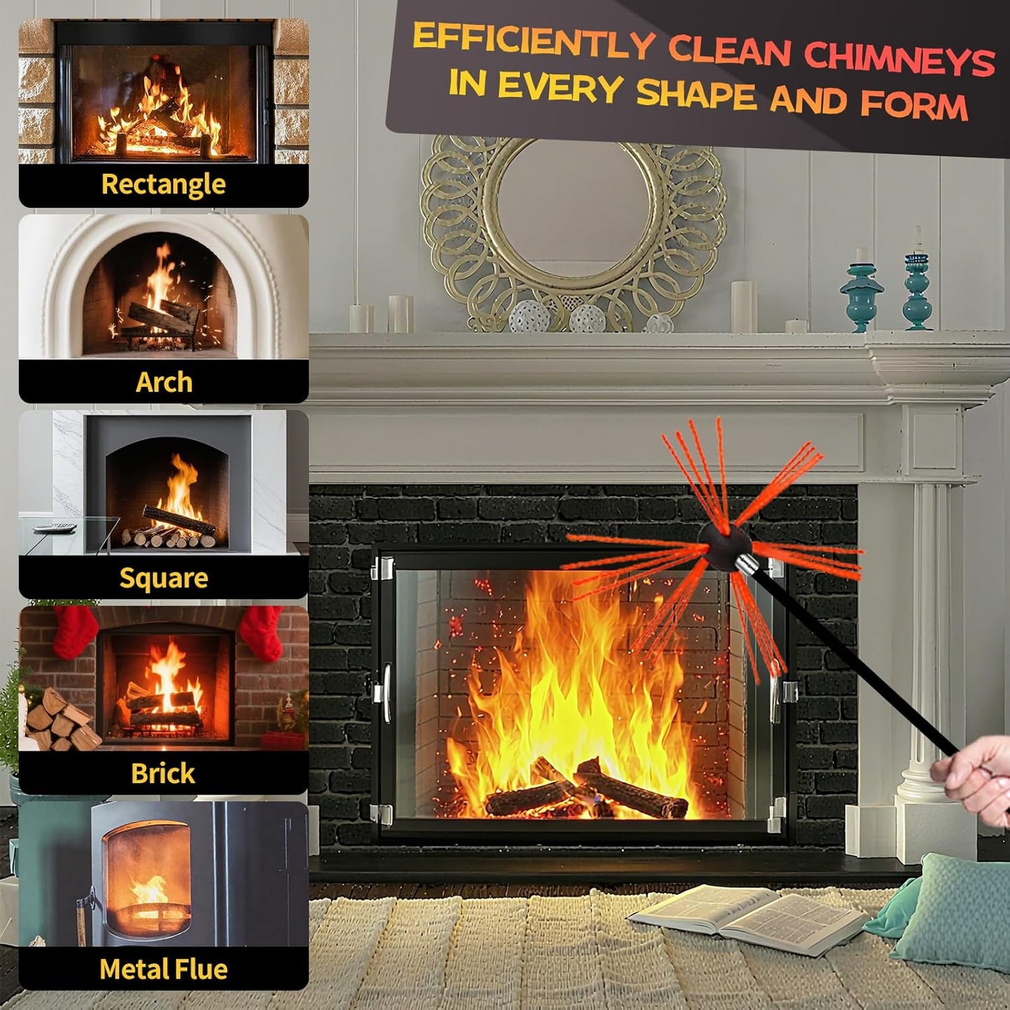 30 Feet Chimney Sweep Kit, Chimney Cleaning Kit with 9 Flexible Black Chimney Rods, Chimney Brush for Sweeping Fireplace, Rotary Chimney Cleaning System Driven by Drill