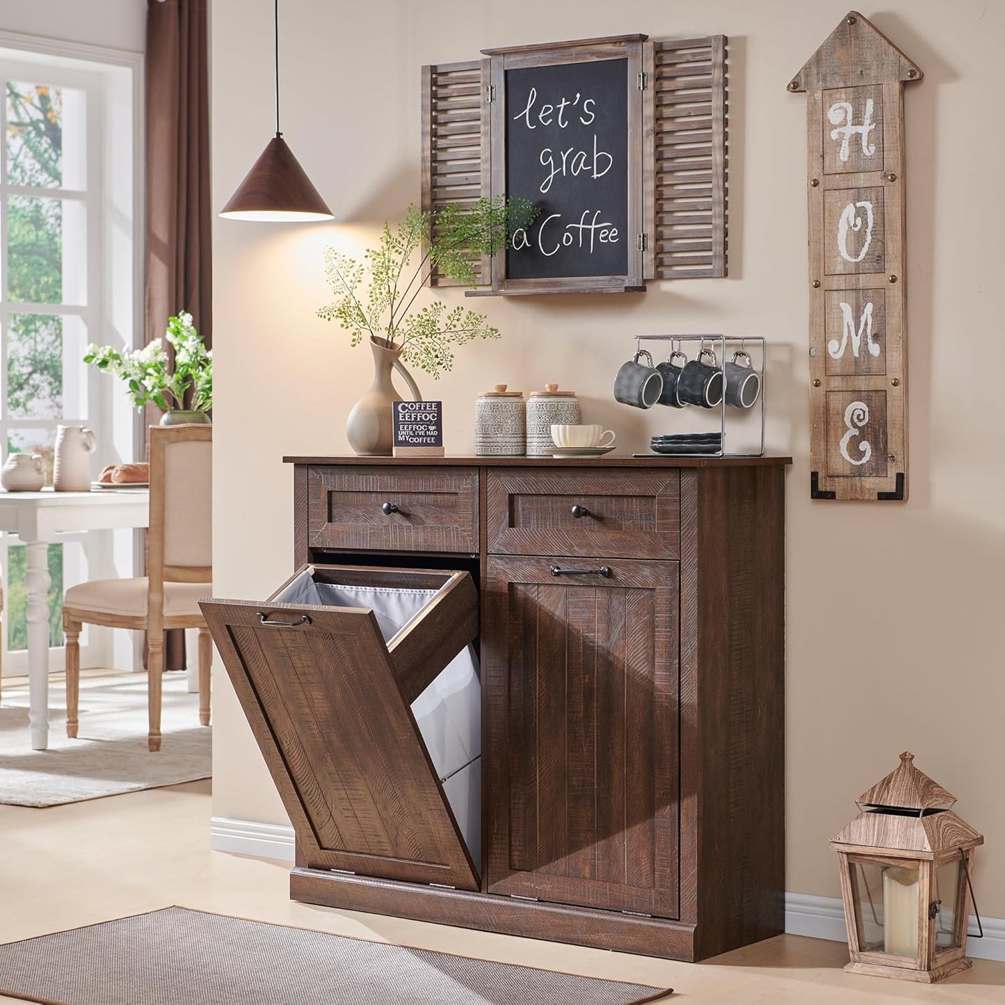 Double Tilt Out Laundry Hamper Cabinet, 20 Gallon Farmhouse Trash Can Cabinet with Drawer, Hidden Wood Garbage Can Bin Cabinet with Laundry Storage Basket for Bathroom, Kitchen, Brown