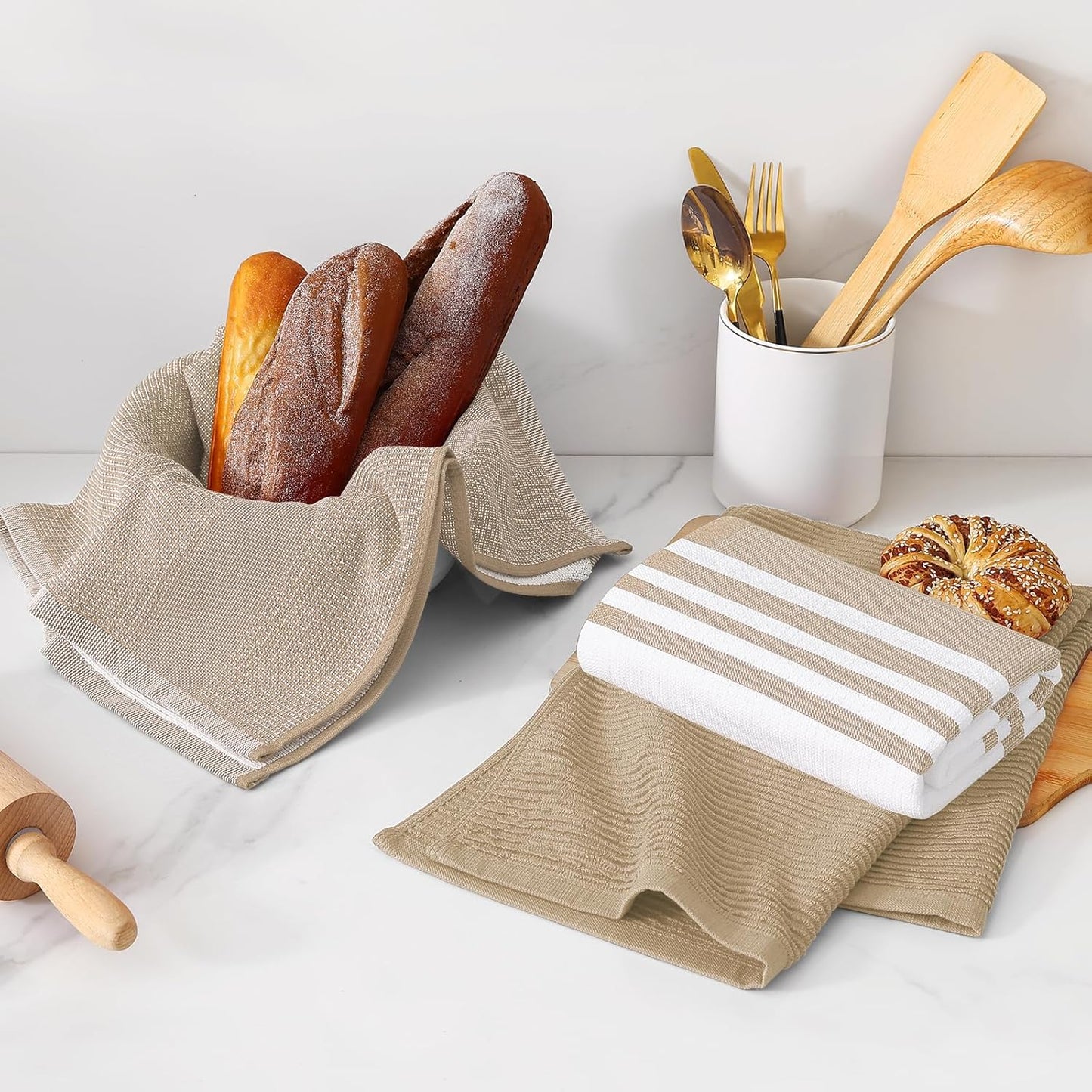 Homaxy Premium Kitchen Towels(18”x 28”, 9 Pack), Large Cotton 380 GSM Kitchen Hand Towels, Soft and Absorbent Terry Dish Towels, Multipurpose Tea Towel Set with Hanging Loop, Khaki