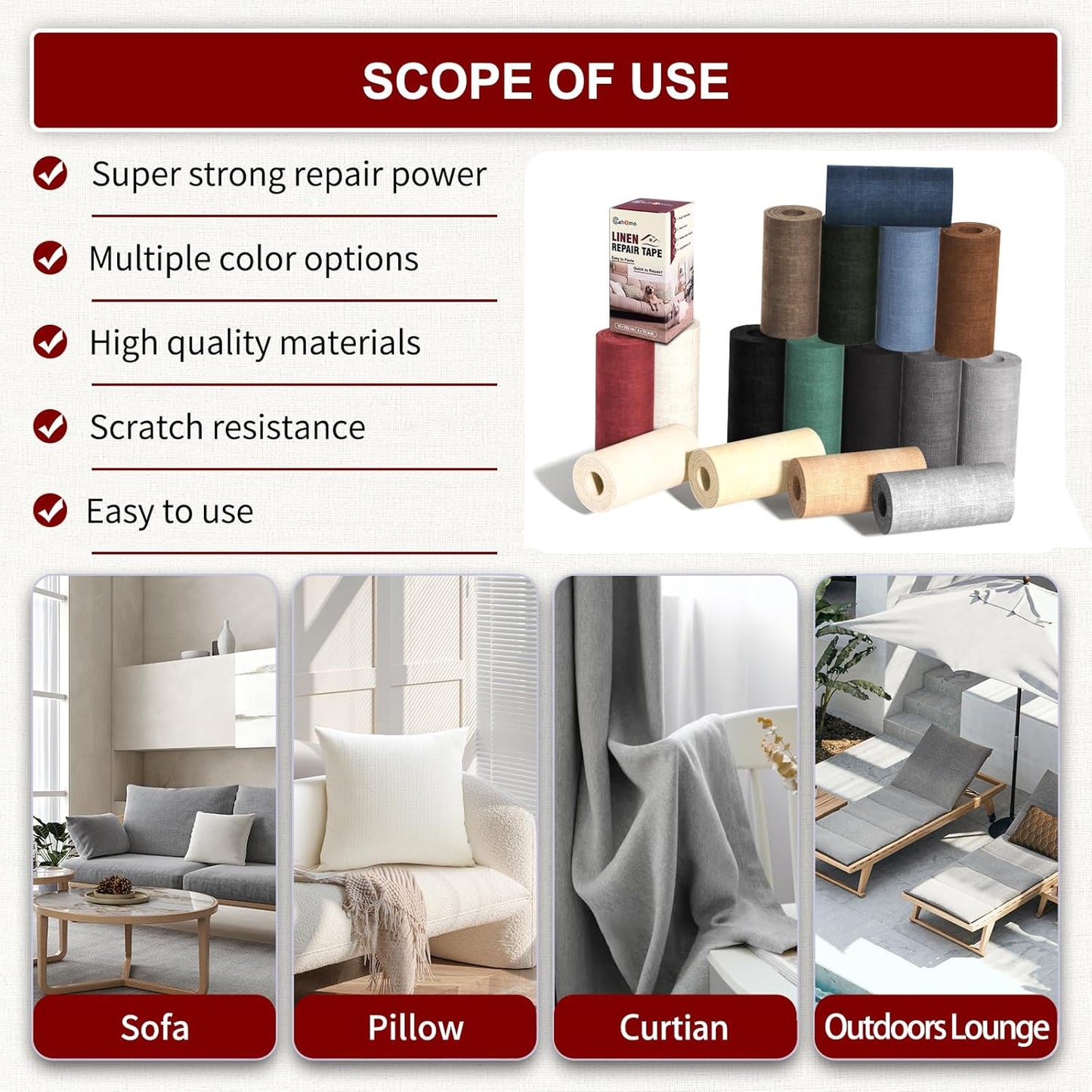 Linen Repair Tape 16x90 inch, Self Adhesive Fabric Patches, Linen Patch Tape Kit, Fabric Repair Tape for Couch Sofas, Headboards, Chairs, Pillows, Curtains, Couches - Black